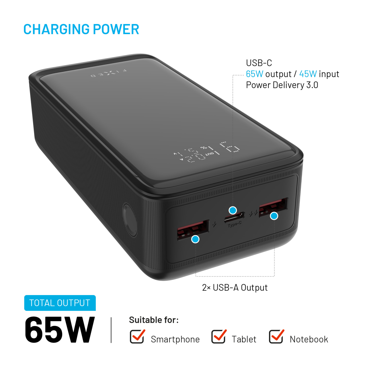 Powerbanka FIXED Zen2 30 Plus s LCD displejem a výstupem PD 65W, 30 000 mAh, černá