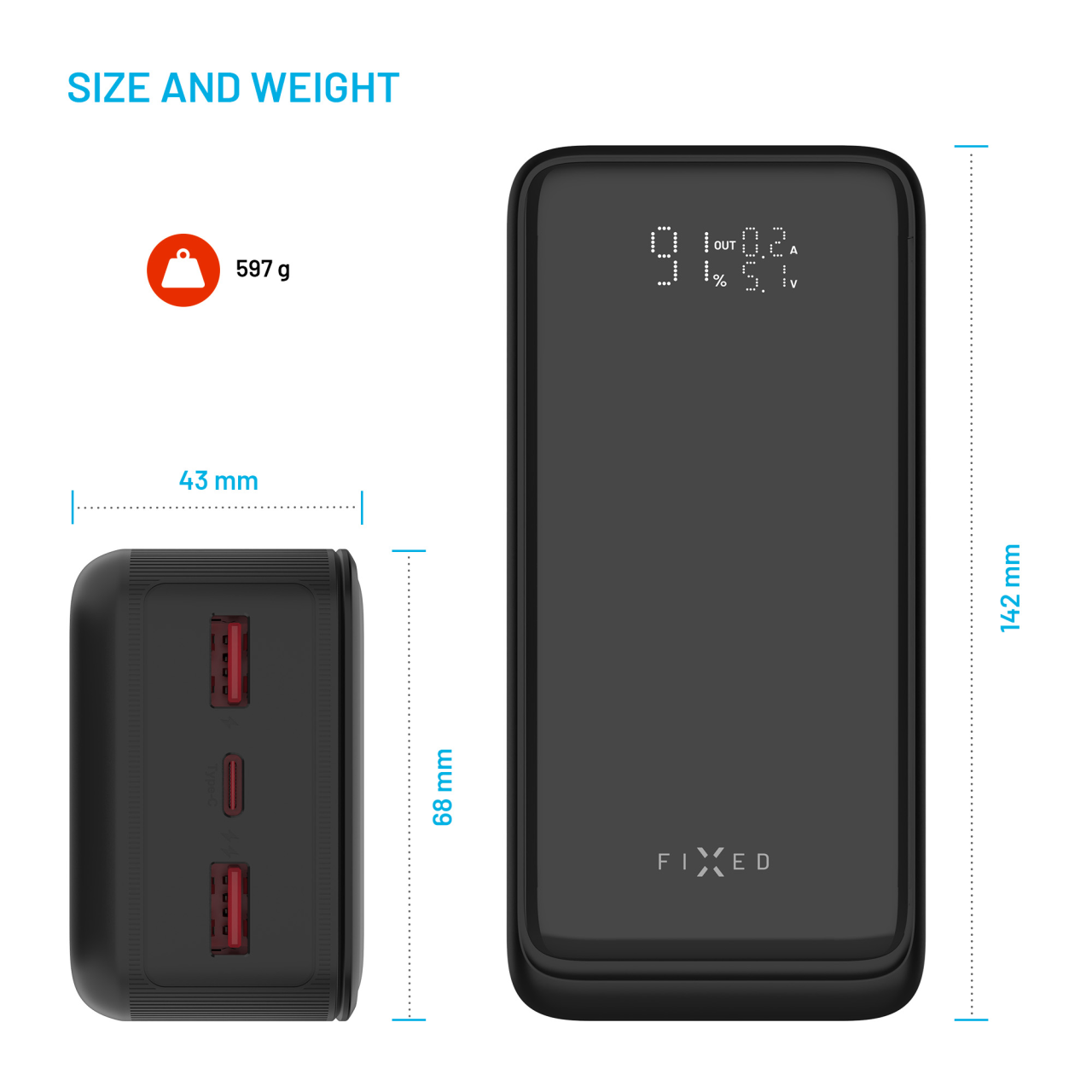 Powerbanka FIXED Zen2 30 Plus s LCD displejem a výstupem PD 65W, 30 000 mAh, černá