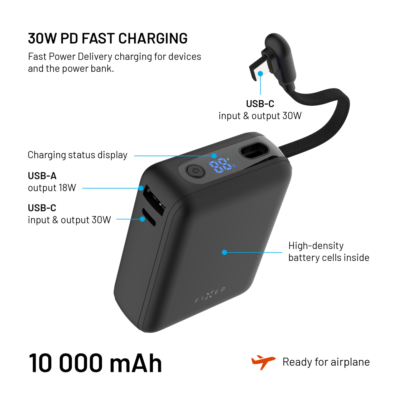 Powerbanka FIXED Zen 10 Loop s LCD displejem a výstupem 30W, 10 000 mAh, černá