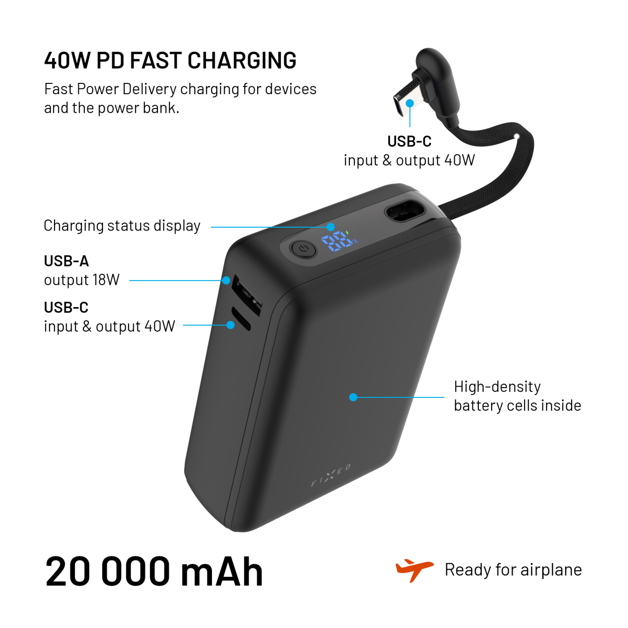 Powerbanka FIXED Zen 20 Loop s LCD displejem a výstupem 40W, 20 000 mAh, černá