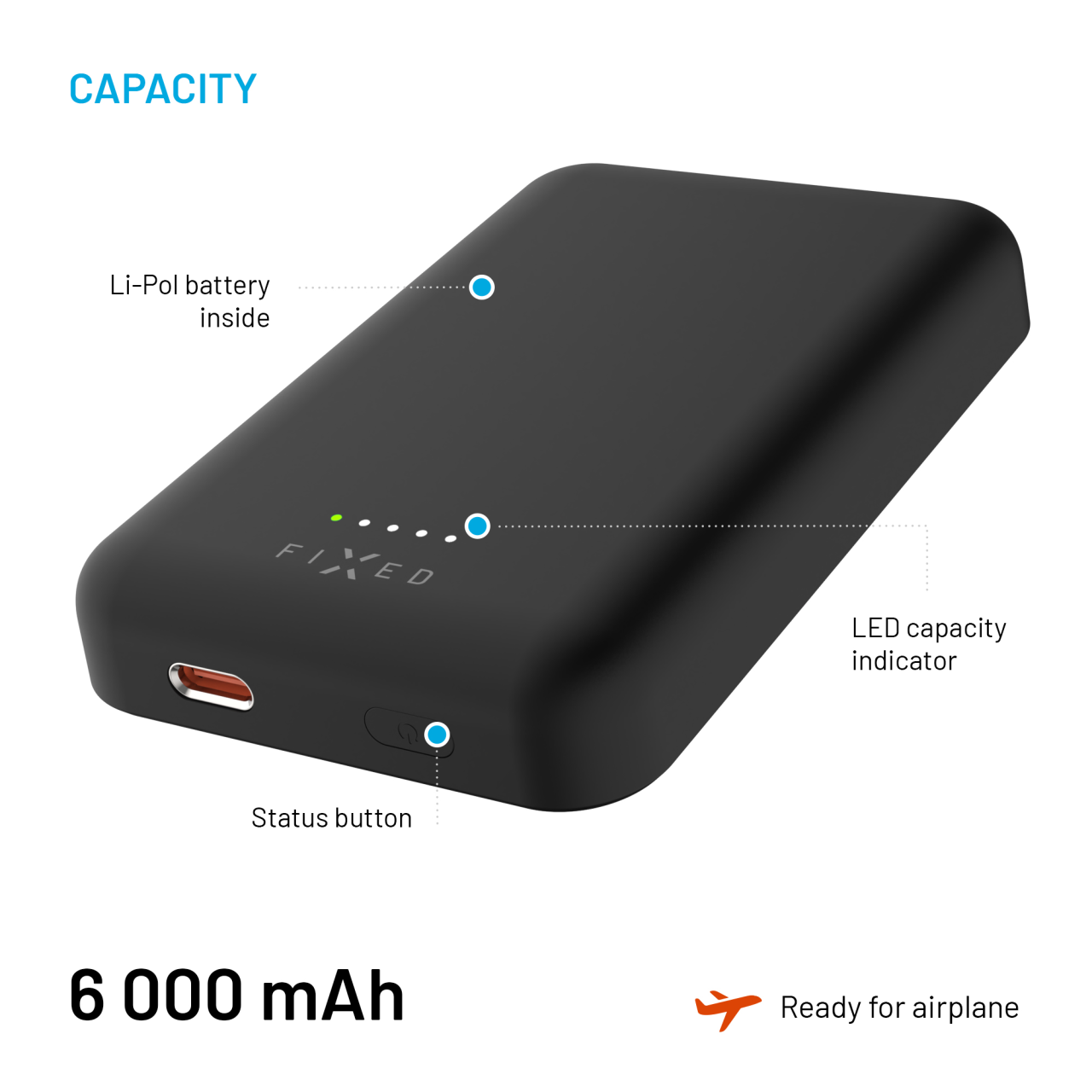 FIXED Powerbanka MagZen s bezdrátovým nabíjením a podporou Magsafe, 6 000 mAh, černá