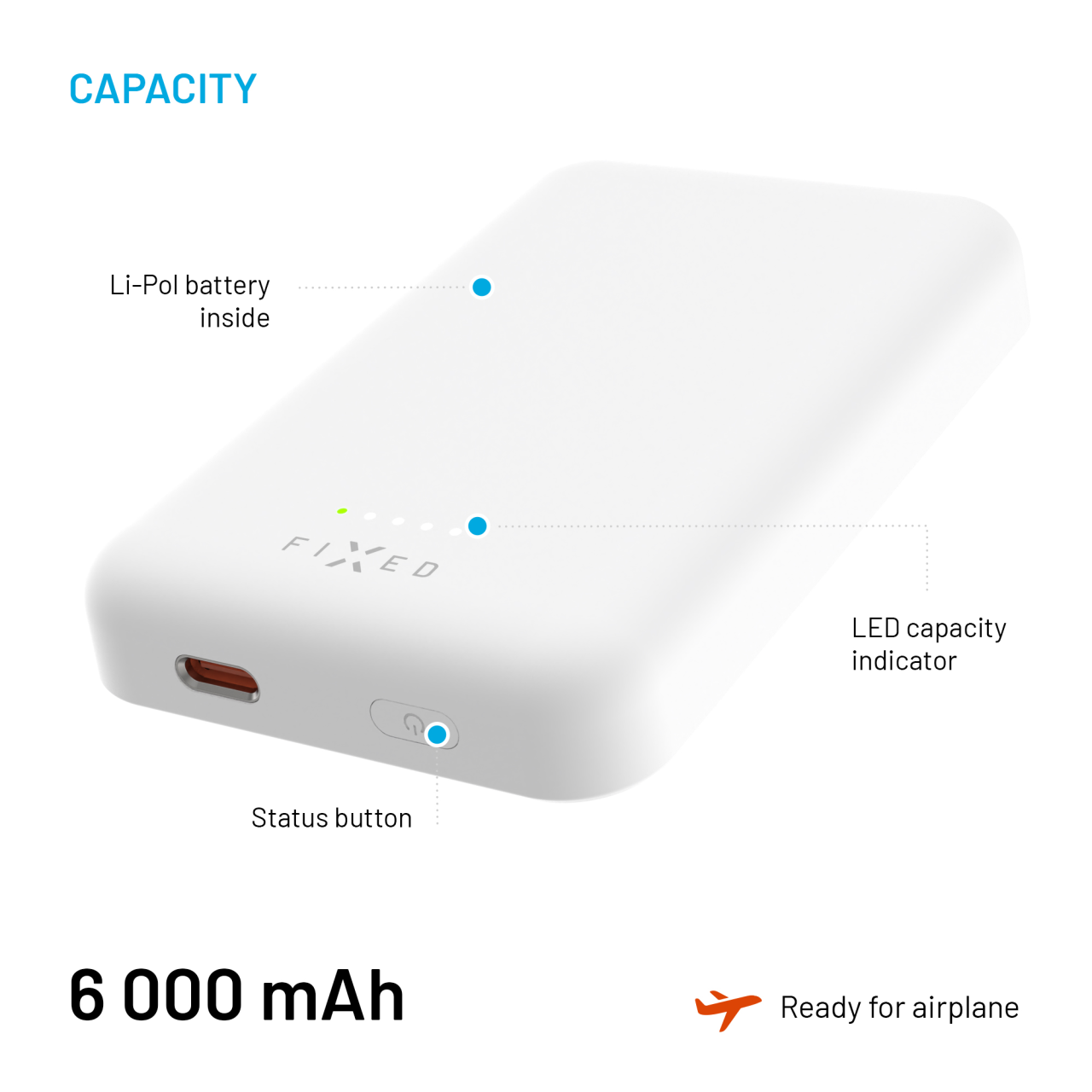 FIXED Powerbanka MagZen s bezdrátovým nabíjením a podporou Magsafe, 6 000 mAh, bílá