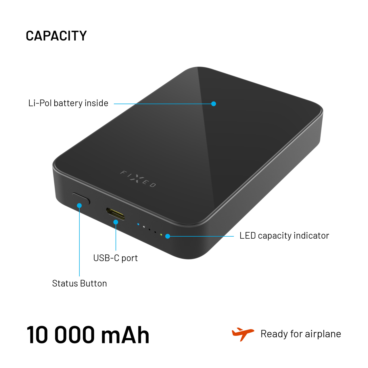 Powerbanka FIXED MagZen 10 Crystal s bezdrátovým nabíjením se standardem Qi2 a podporou MagSafe, 10 000 mAh, černá