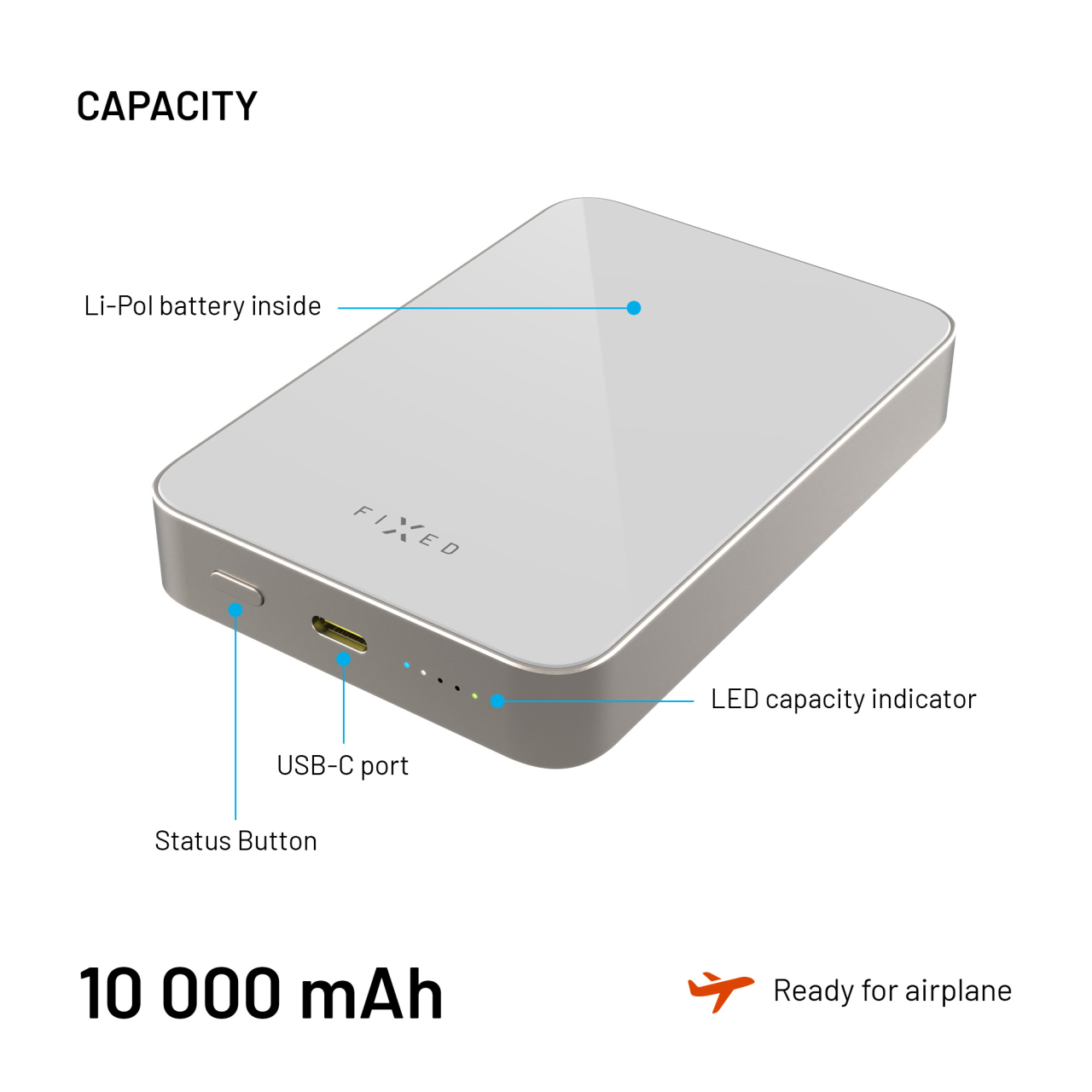 Powerbanka FIXED MagZen 10 Crystal s bezdrátovým nabíjením se standardem Qi2 a podporou MagSafe, 10 000 mAh, titanová