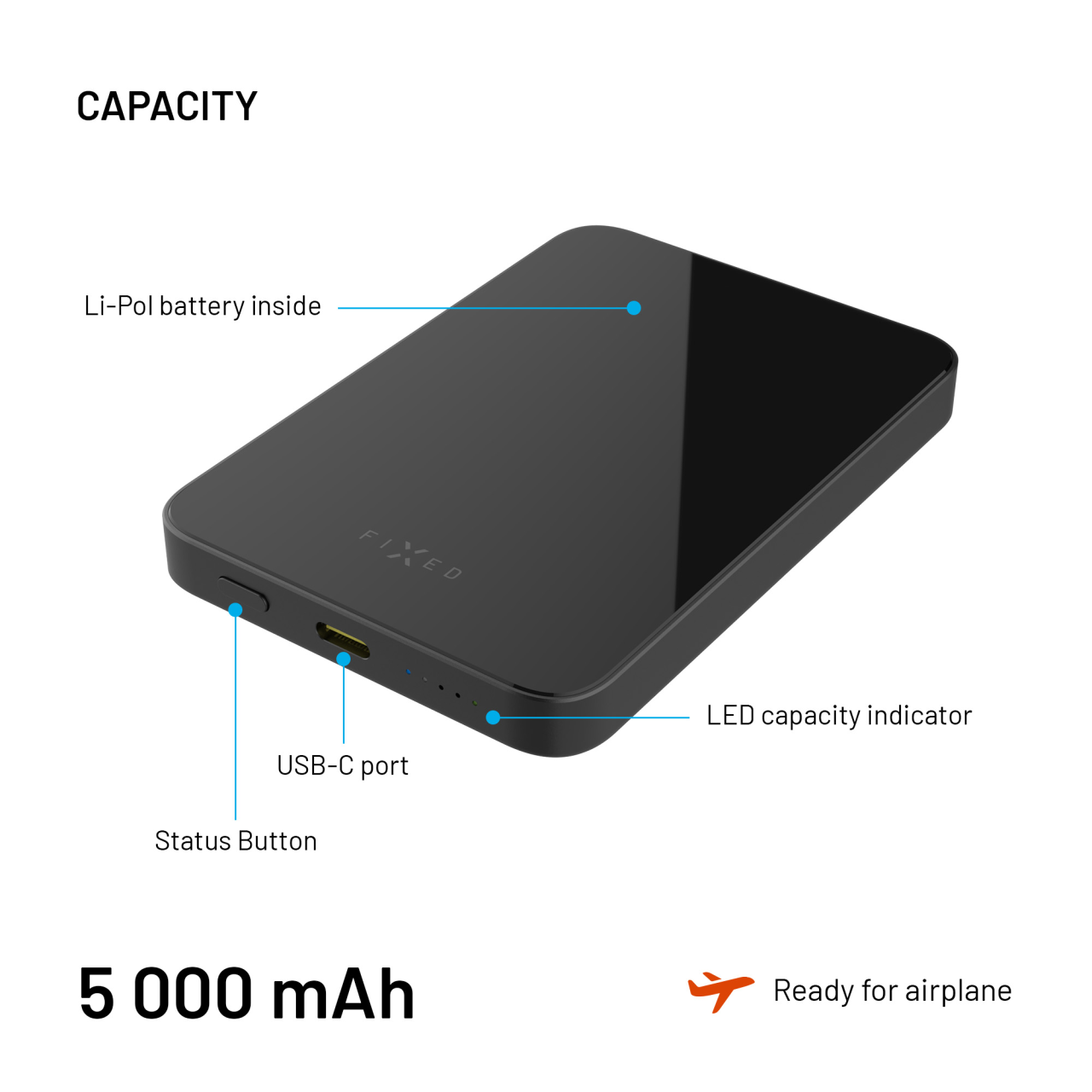 Powerbanka FIXED MagZen 5 Crystal s bezdrátovým nabíjením se standardem Qi2 a podporou MagSafe, 5 000 mAh, černá