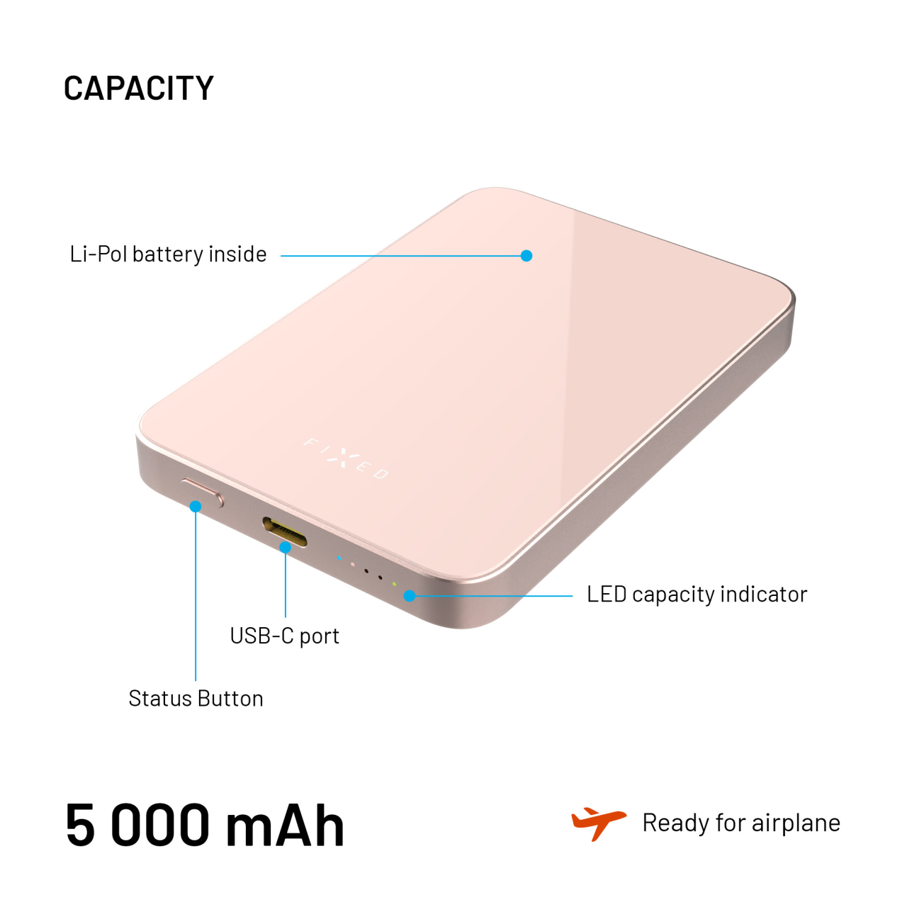 Powerbanka FIXED MagZen 5 Crystal s bezdrátovým nabíjením se standardem Qi2 a podporou MagSafe, 5 000 mAh, růžová