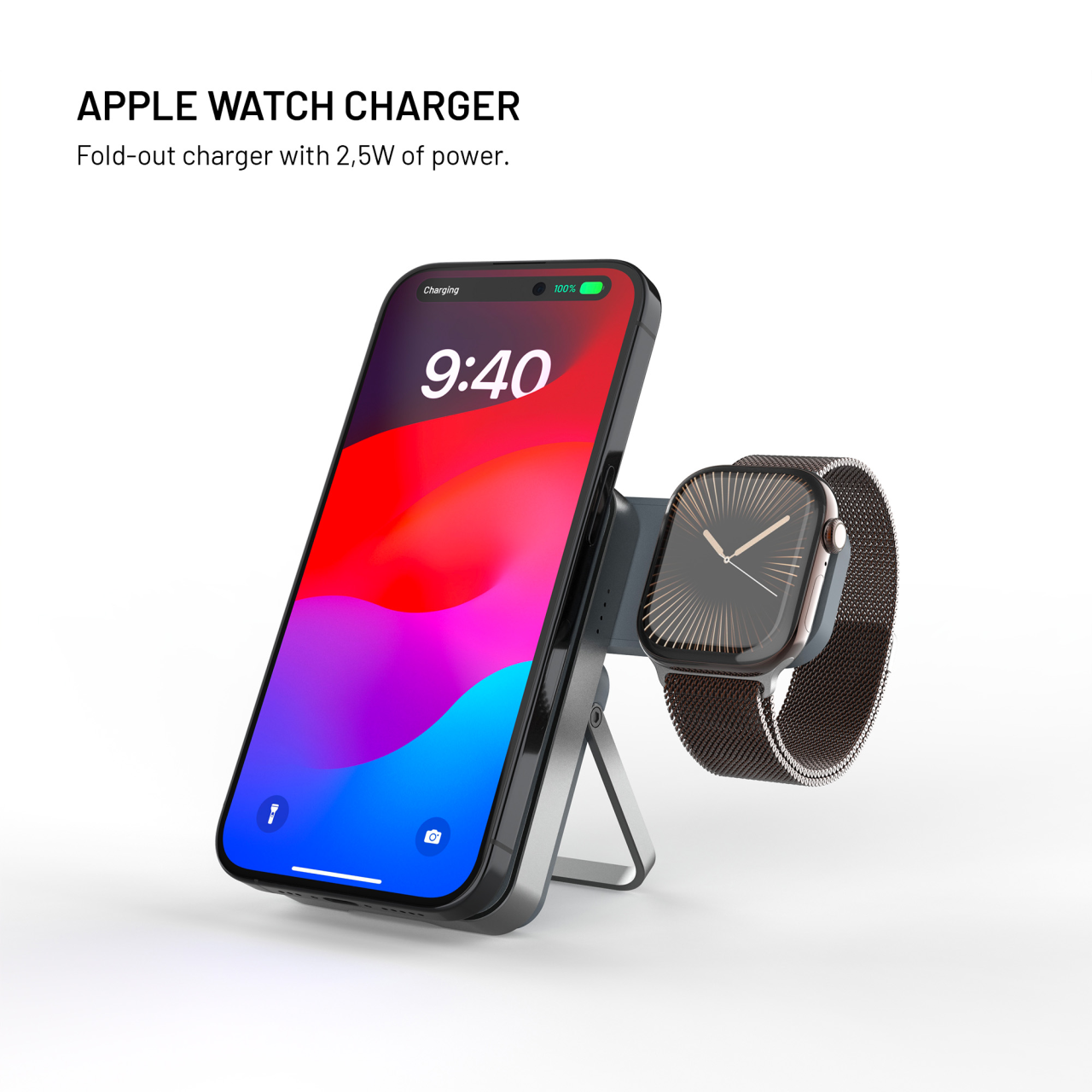 Powerbanka se stojánkem FIXED MagZen 5 Stand s integrovanou Apple Watch nabíječkou a podporou MagSafe, 5 000 mAh, šedá