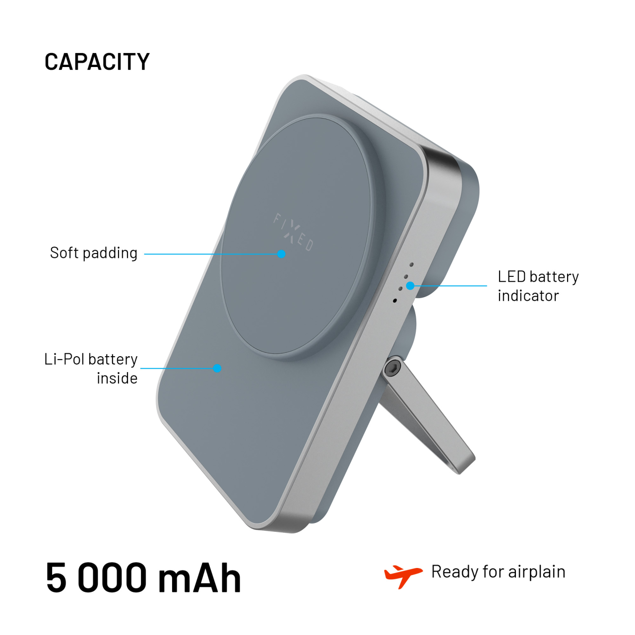 Powerbanka se stojánkem s integrovanou Apple Watch nabíječkou a podporou MagSafe, 5 000 mAh - Fixed MagZen 5 Stand, šedá