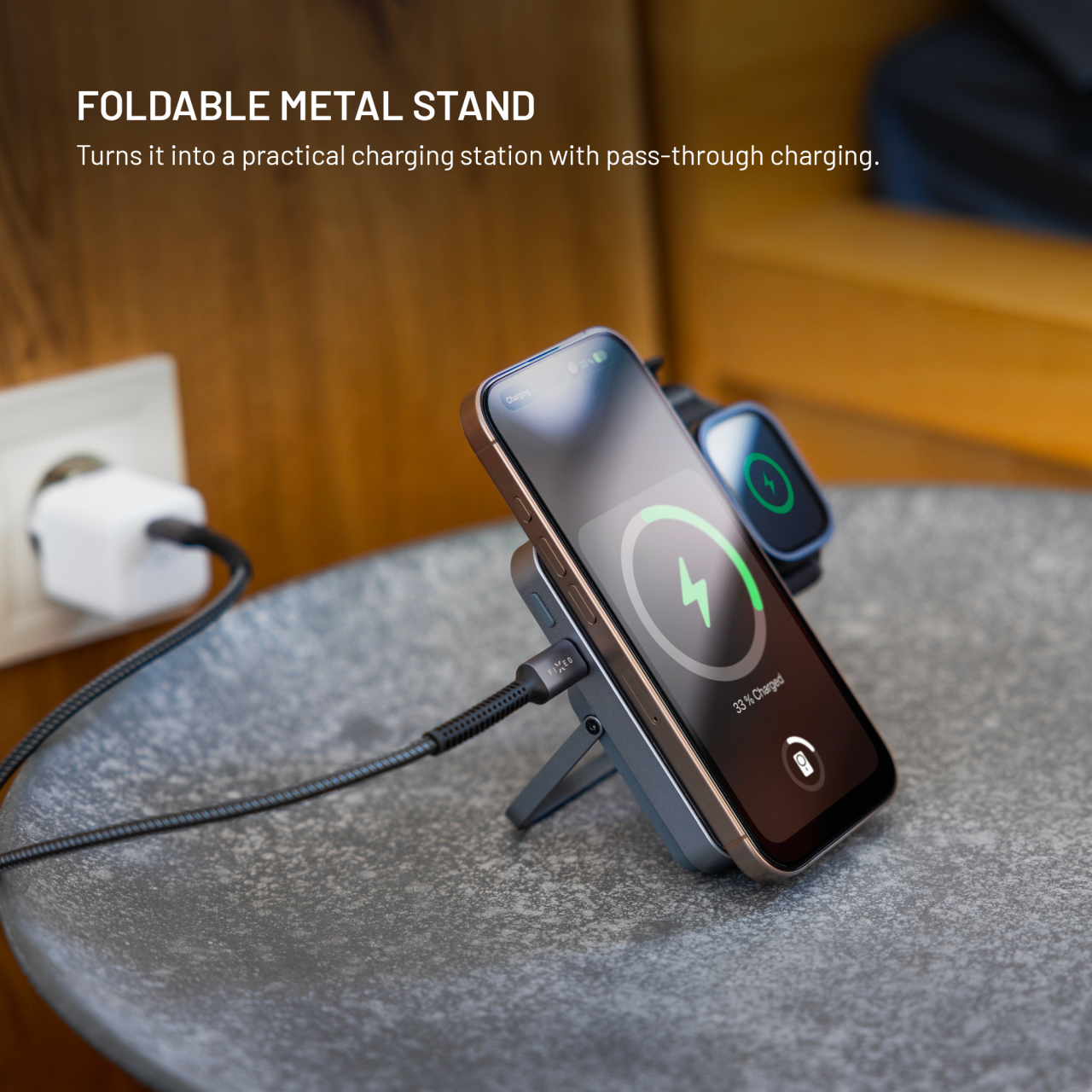 Powerbanka se stojánkem FIXED MagZen 5 Stand s integrovanou Apple Watch nabíječkou a podporou MagSafe, 5 000 mAh, šedá