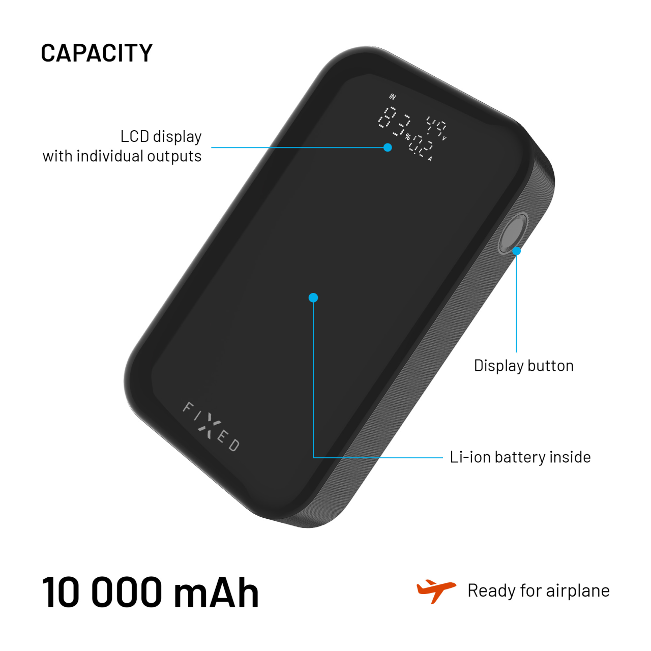 Powerbanka FIXED Zen 10 Pro s LCD displejem a výstupem 30W, 10 000 mAh, černá