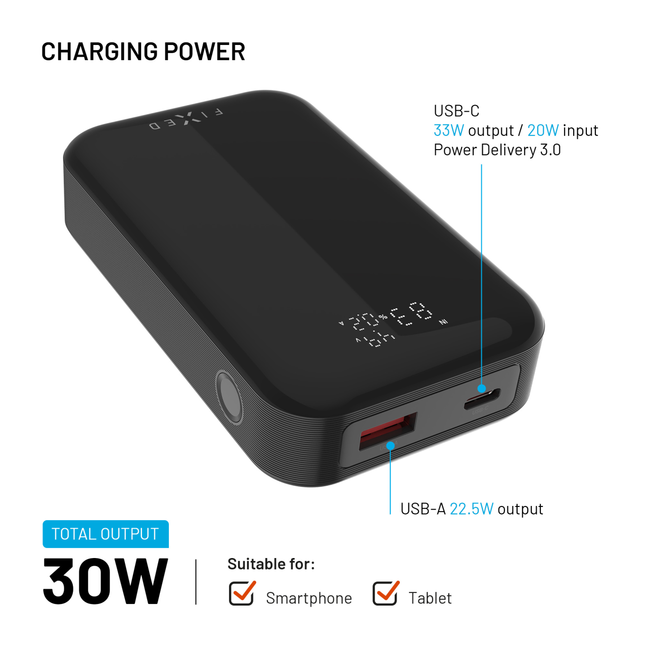 Powerbanka FIXED Zen 10 Pro s LCD displejem a výstupem 30W, 10 000 mAh, černá