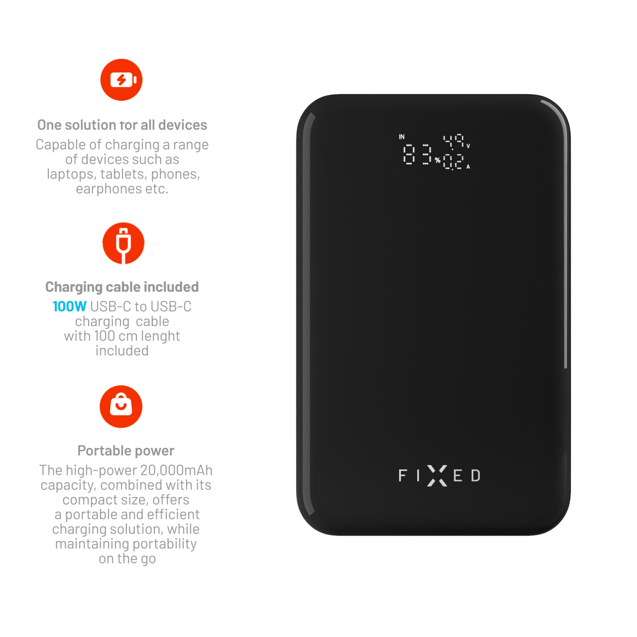 FIXED Powerbanka Zen 20 Pro s LCD displejem a výstupem 130W, 20 000 mAh, černá
