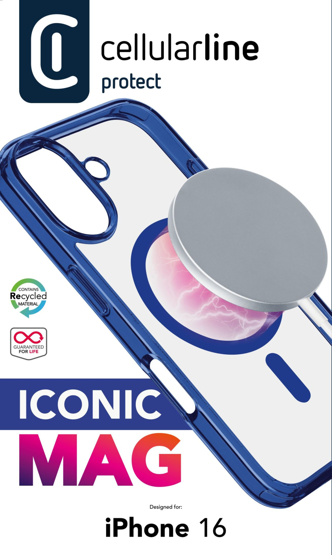 Zadní kryt Cellularline Iconic Mag s podporou Magsafe pro Apple iPhone 16, čirý / tmavě modrý