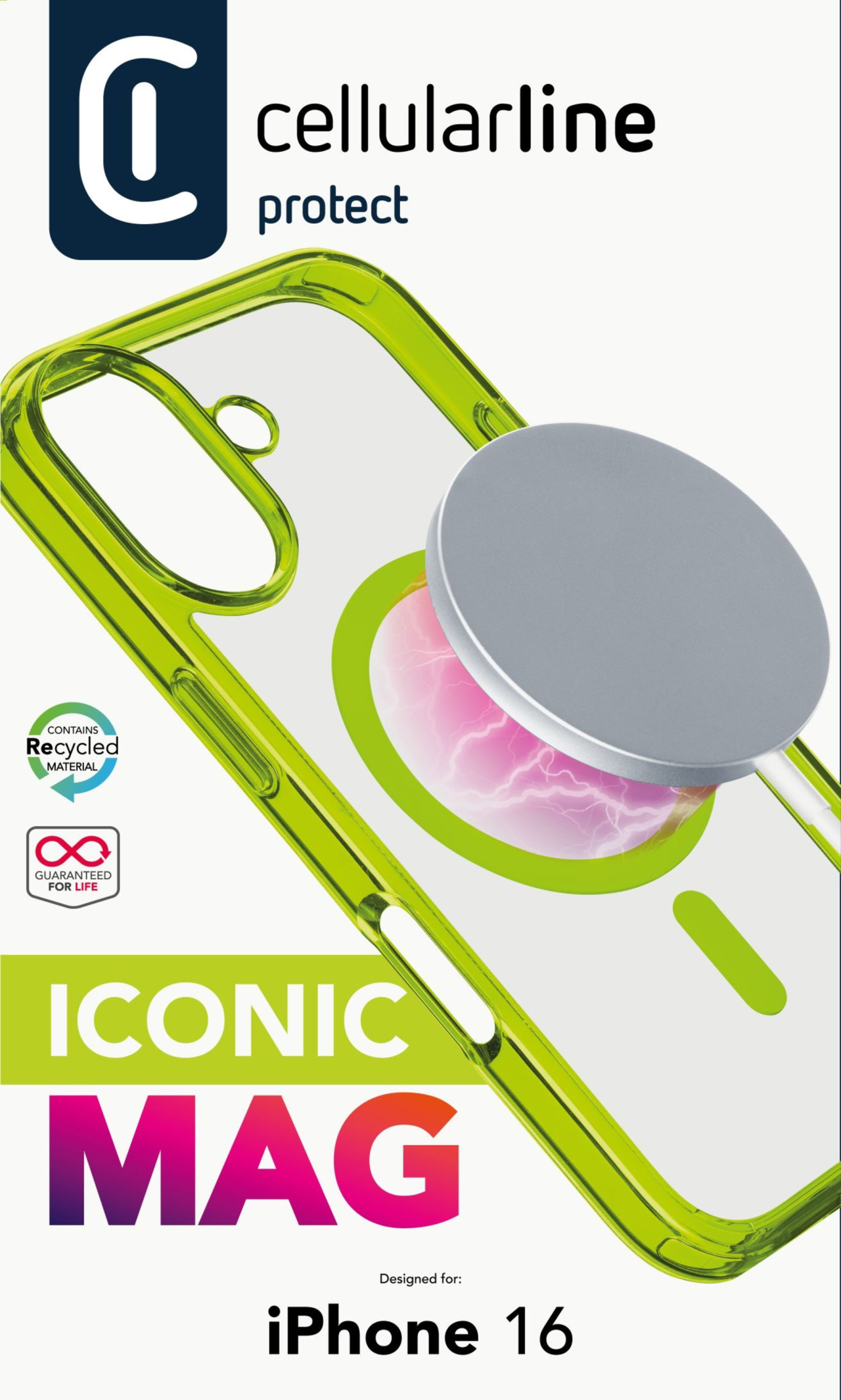 Zadní kryt Cellularline Iconic Mag s podporou Magsafe pro Apple iPhone 16, čirý / limetkový