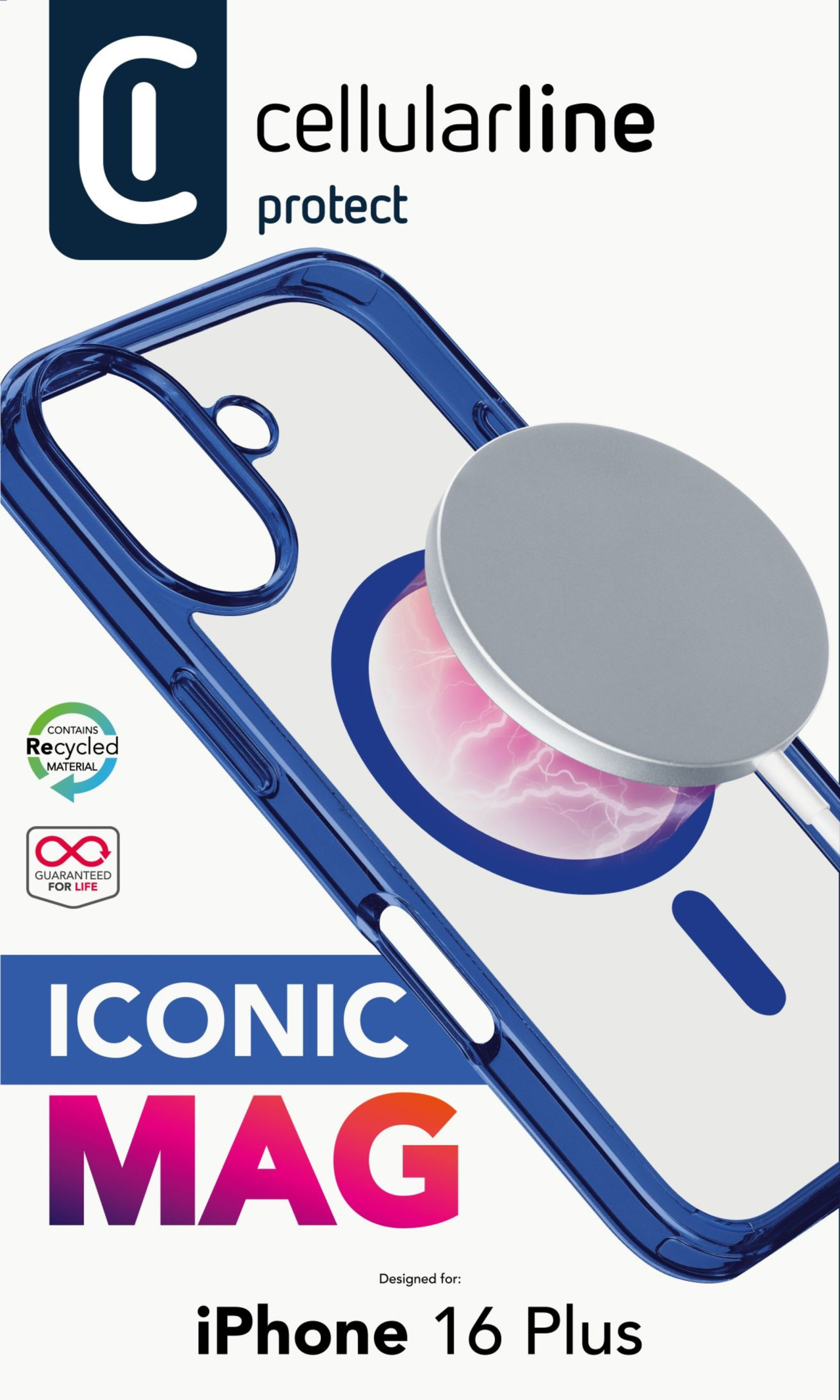 Zadní kryt Cellularline Iconic Mag s podporou Magsafe pro Apple iPhone 16 Plus, čirý / tmavě modrý