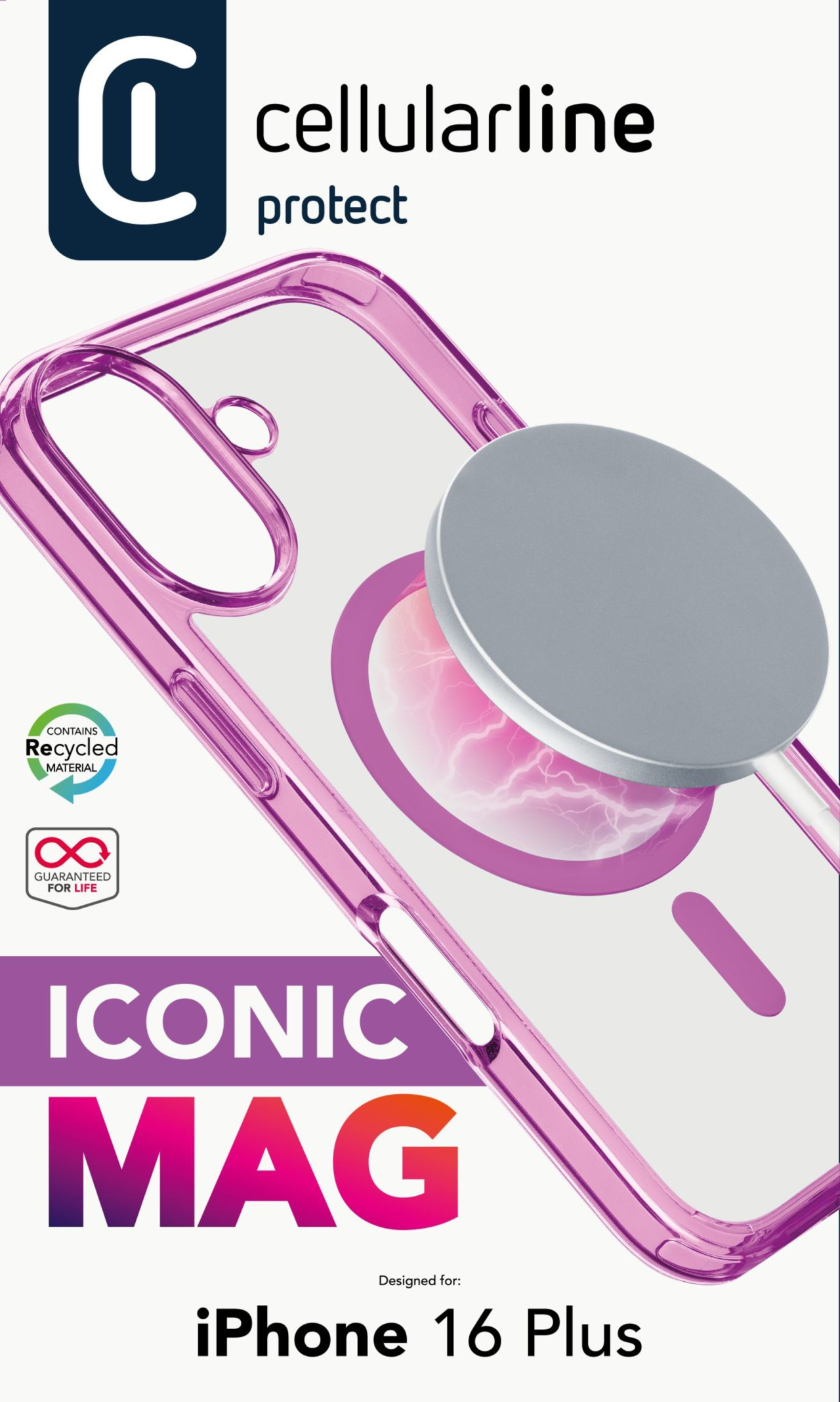 Zadní kryt Cellularline Iconic Mag s podporou Magsafe pro Apple iPhone 16 Plus, čirý / růžový