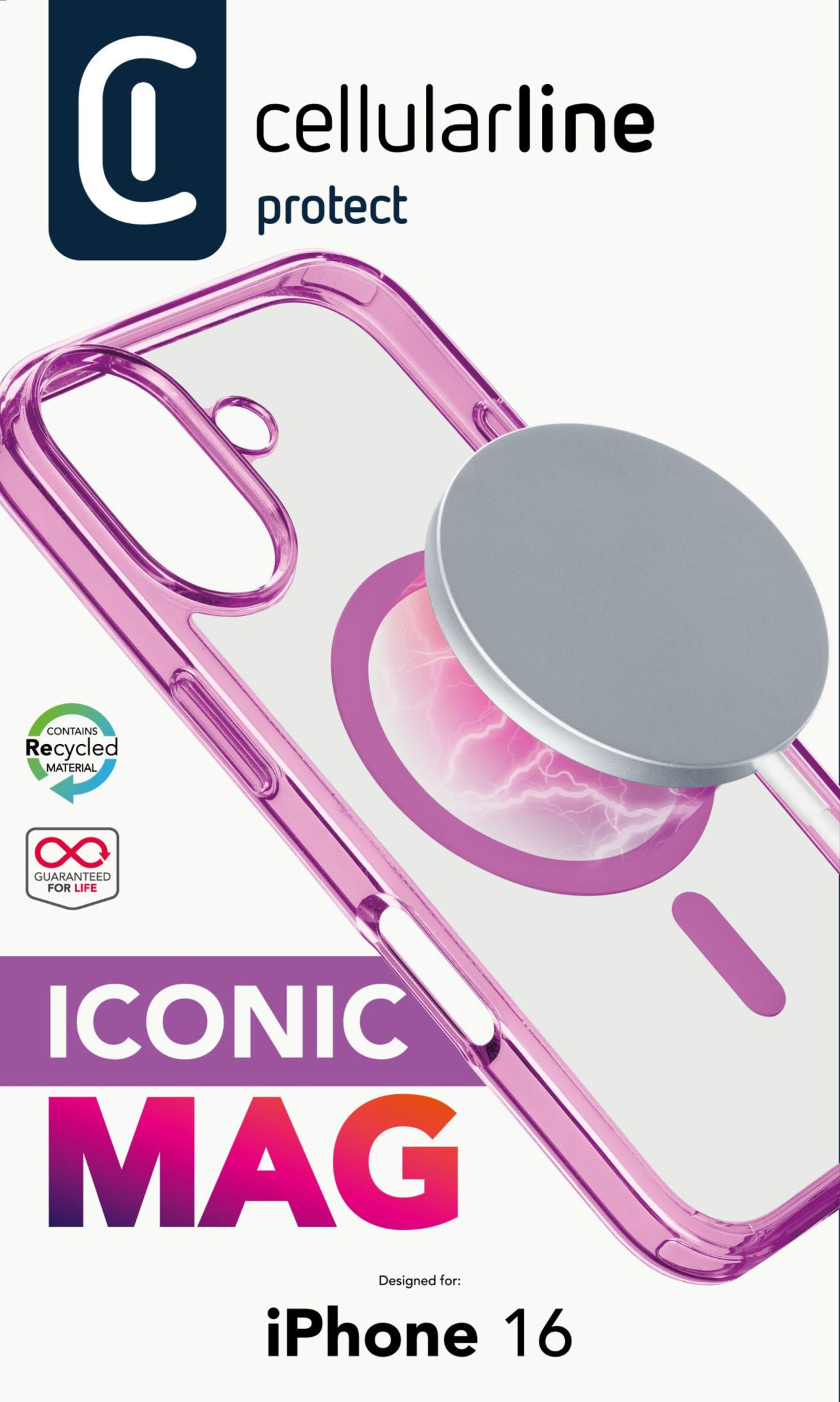 Zadní kryt Cellularline Iconic Mag s podporou Magsafe pro Apple iPhone 16, čirý / růžový