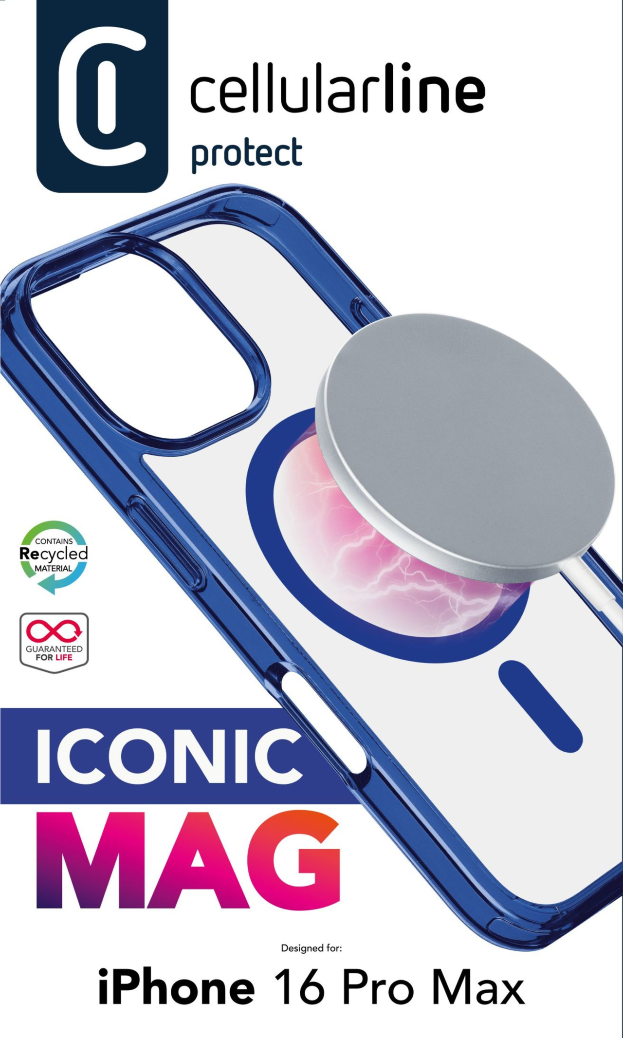 Zadní kryt Cellularline Iconic Mag s podporou Magsafe pro Apple iPhone 16 Pro Max, čirý / tmavě modrý