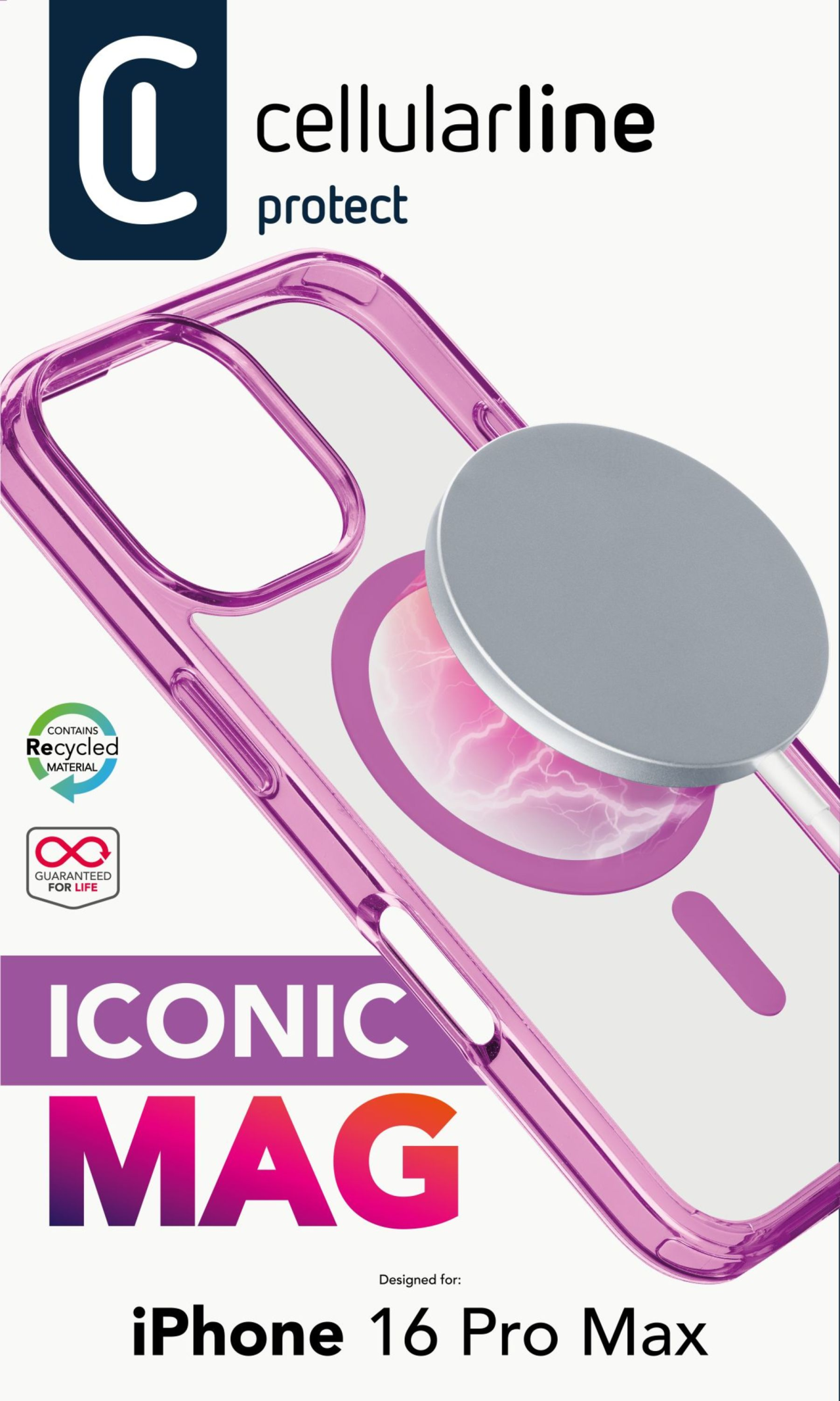 Zadní kryt Cellularline Iconic Mag s podporou Magsafe pro Apple iPhone 16 Pro Max, čirý / růžový