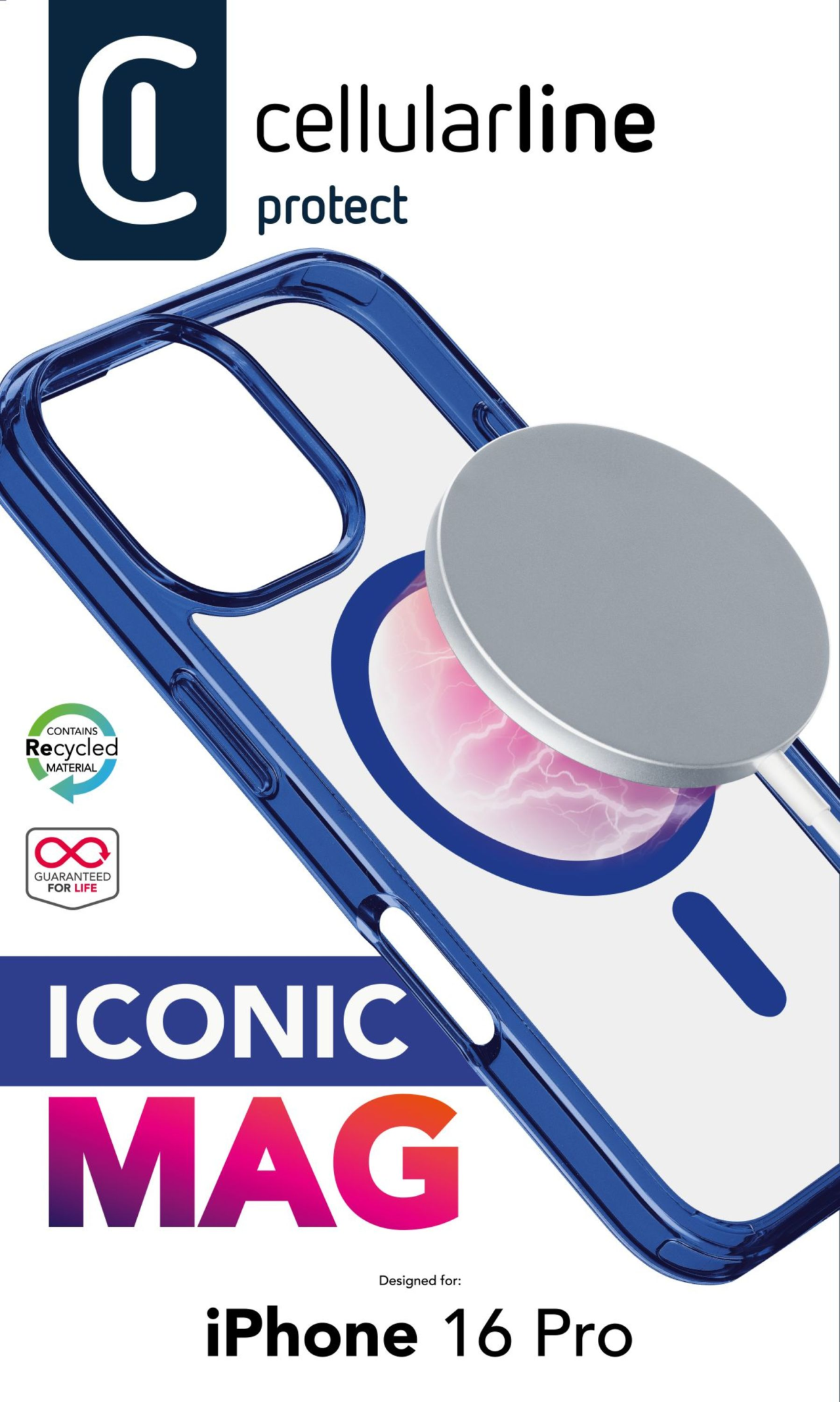 Zadní kryt Cellularline Iconic Mag s podporou Magsafe pro Apple iPhone 16 Pro, čirý / tmavě modrý