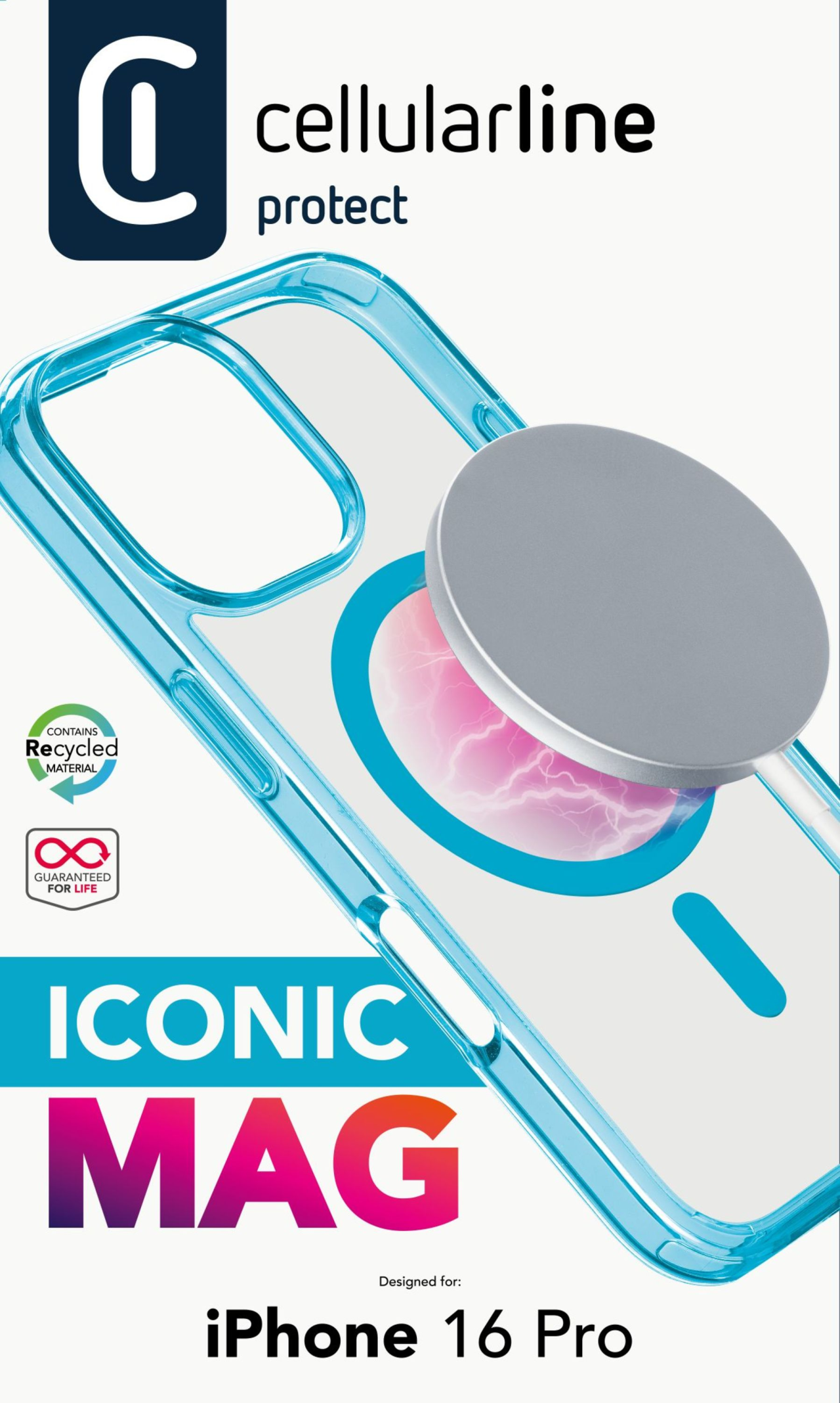Zadní kryt Cellularline Iconic Mag s podporou Magsafe pro Apple iPhone 16 Pro, čirý / světle modrý
