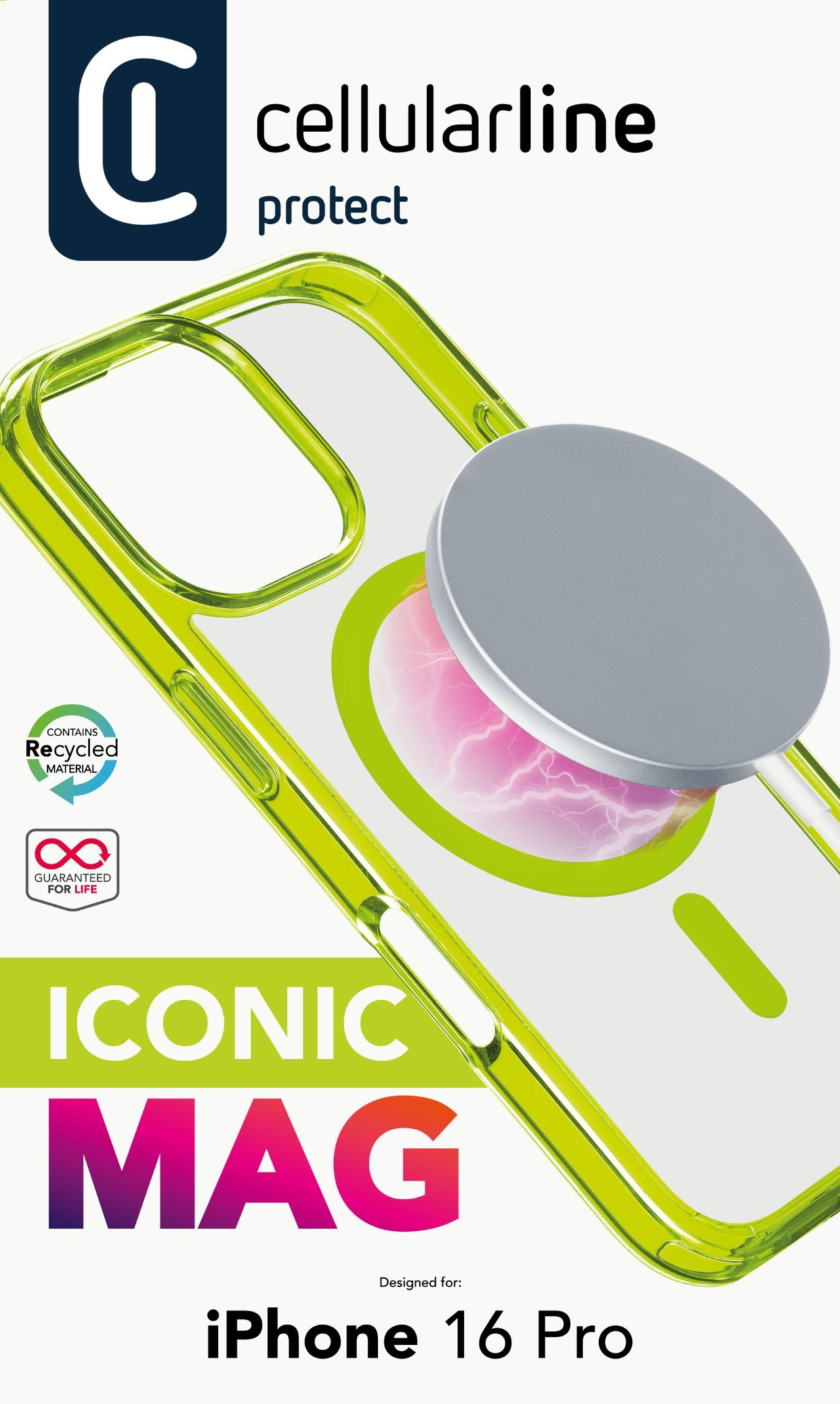 Zadní kryt Cellularline Iconic Mag s podporou Magsafe pro Apple iPhone 16 Pro, čirý / limetkový