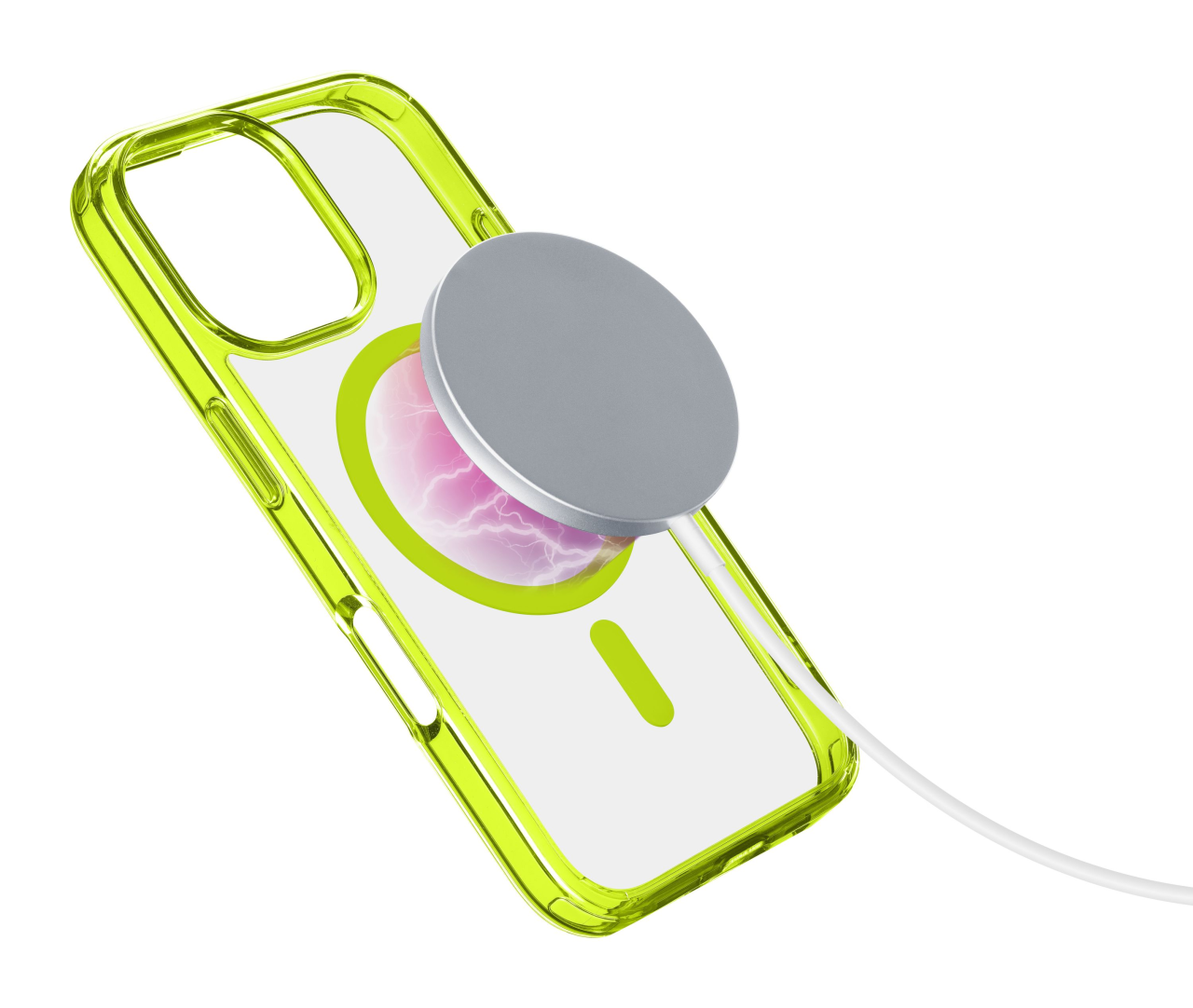 Zadní kryt Cellularline Iconic Mag s podporou Magsafe pro Apple iPhone 16 Pro, čirý / limetkový