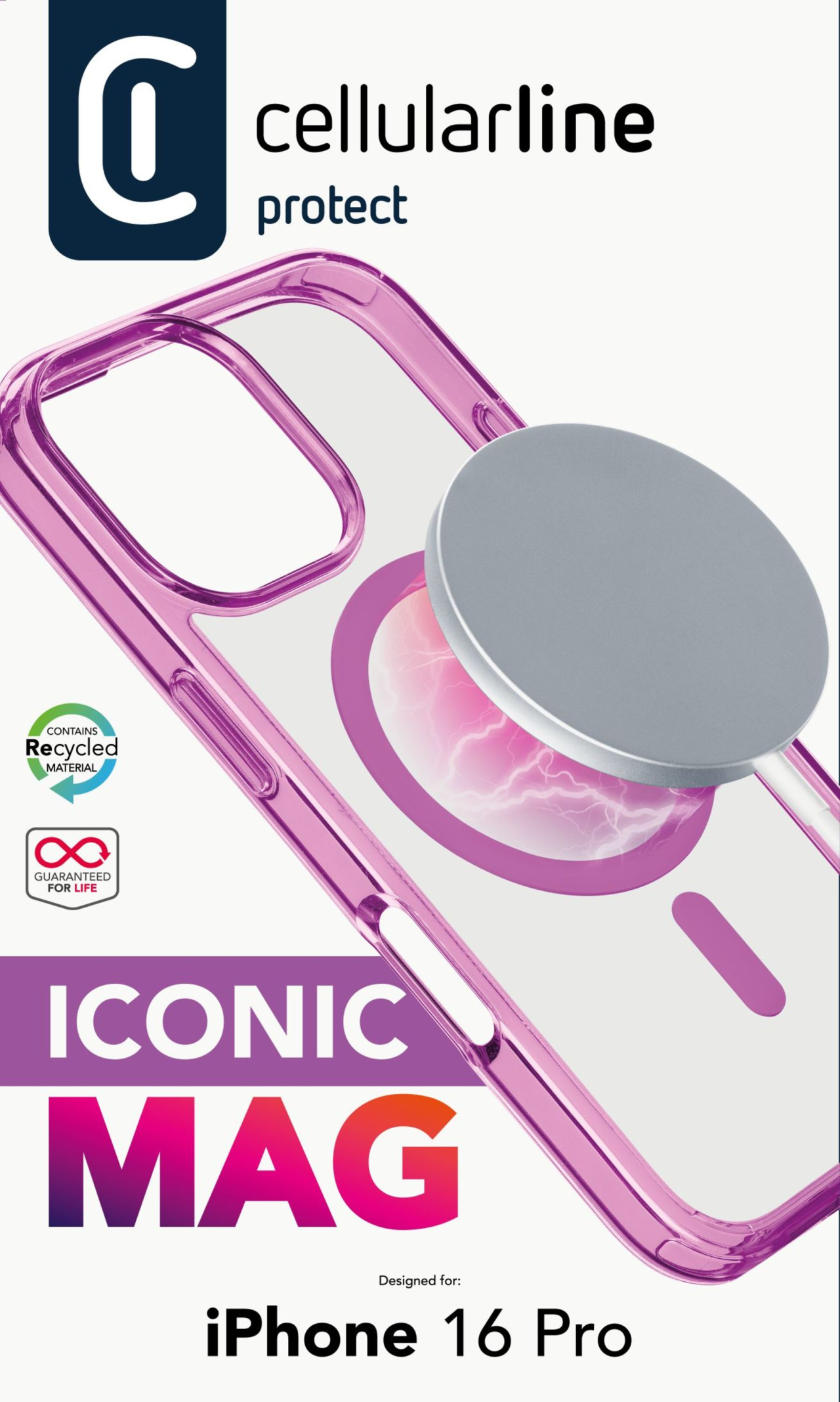 Zadní kryt Cellularline Iconic Mag s podporou Magsafe pro Apple iPhone 16 Pro, čirý / růžový