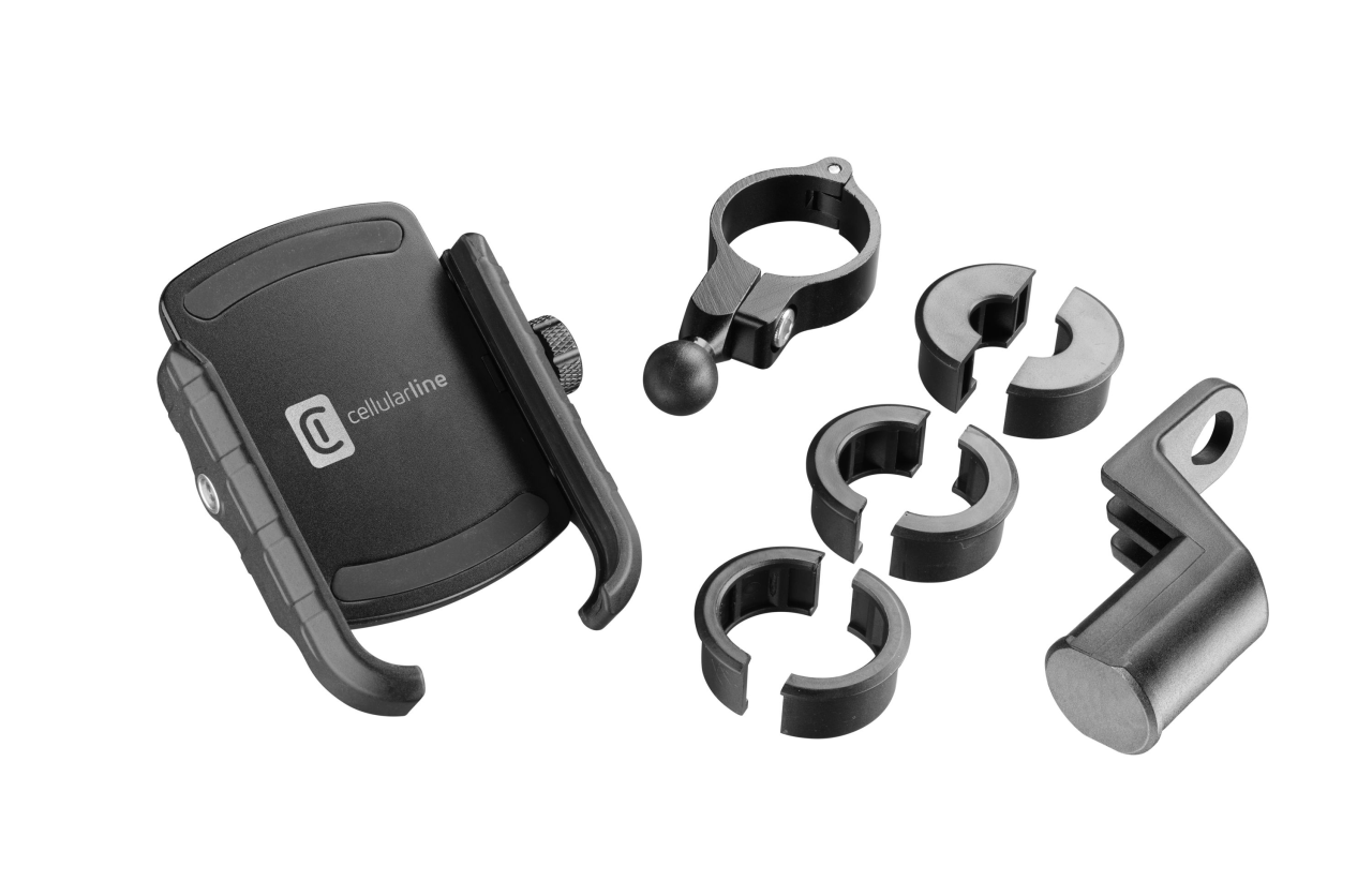 Univerzální hliníkový držák mobilního telefonu Cellularline Rider Steel na řídítka pro motorku i kolo, černý