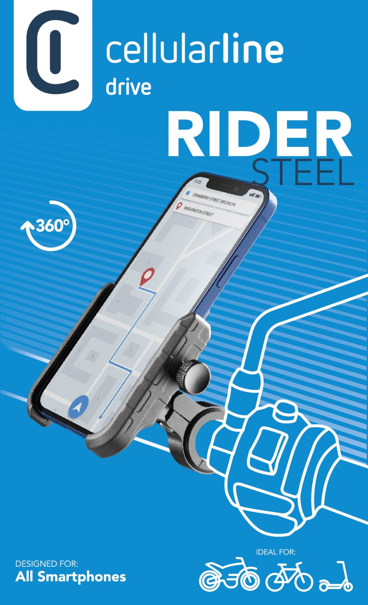 Univerzální hliníkový držák mobilního telefonu Cellularline Rider Steel na řídítka pro motorku i kolo, černý