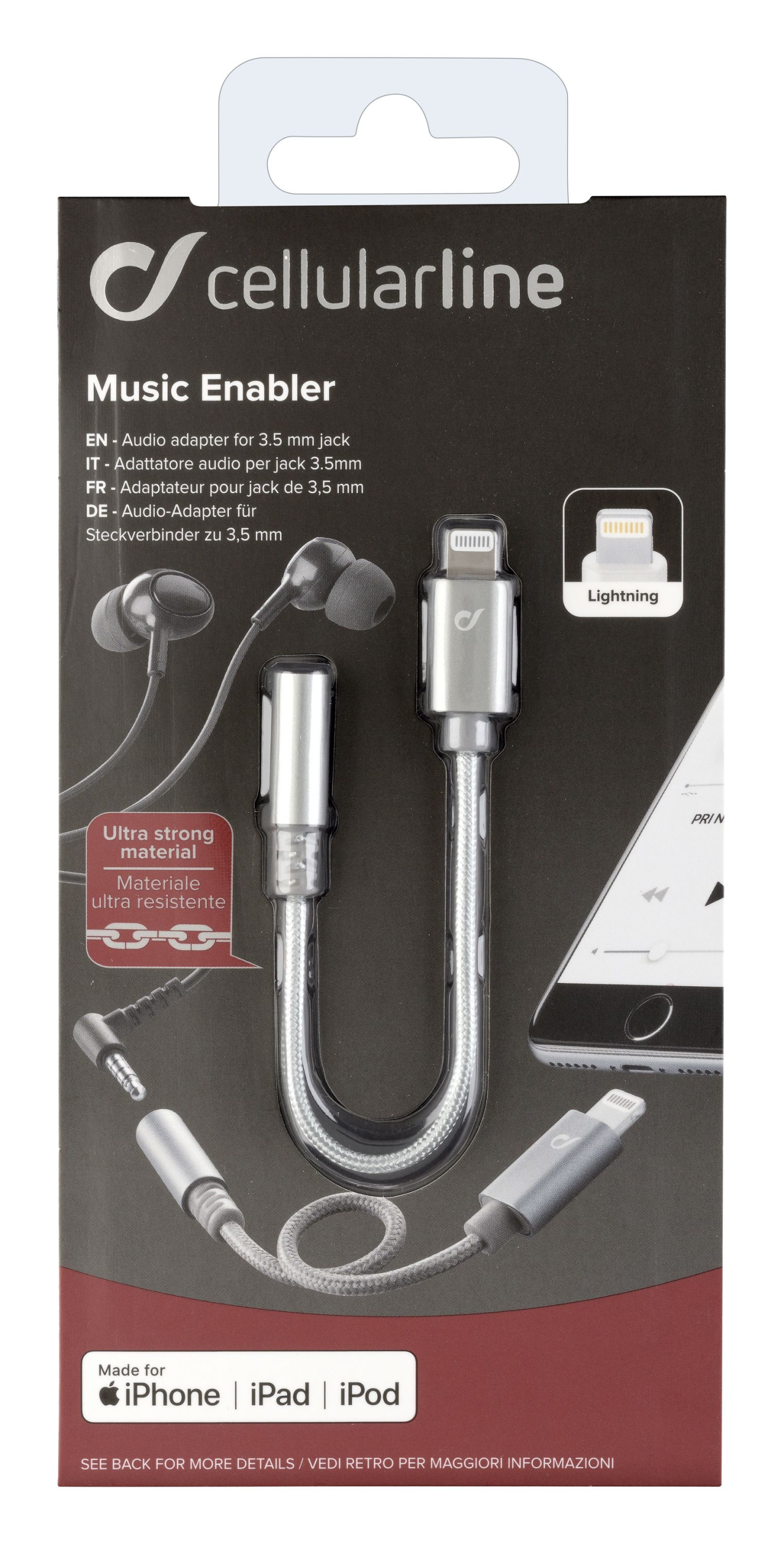 Extra odolný adaptér Cellularline Music Enabler z konektoru Lightning na 3,5 mm jack, MFI certifikace, šedý