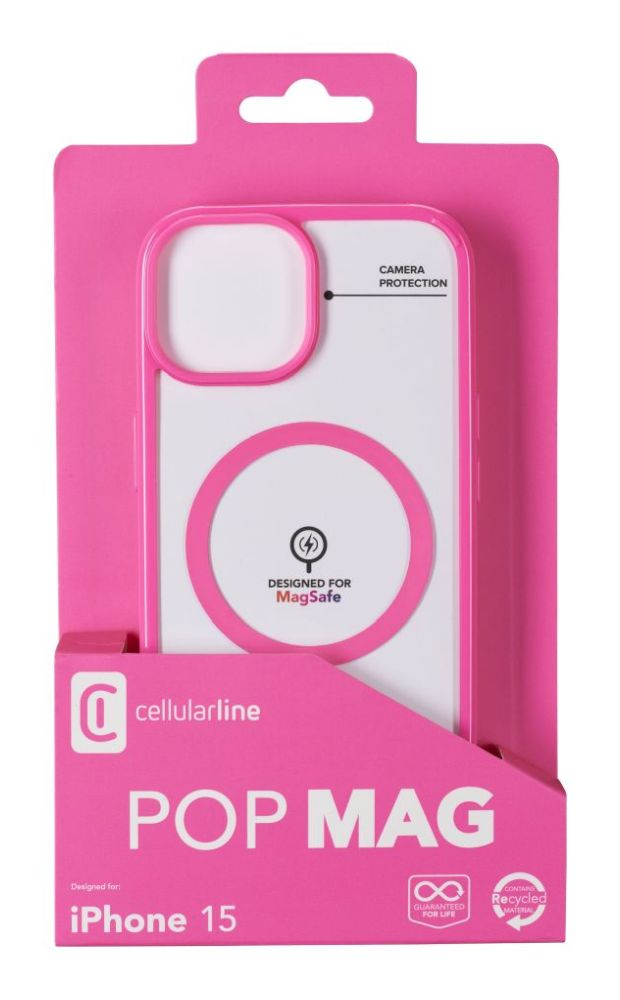 Zadní kryt Cellularline Pop Mag s podporou Magsafe pro Apple iPhone 15, čirý / růžový
