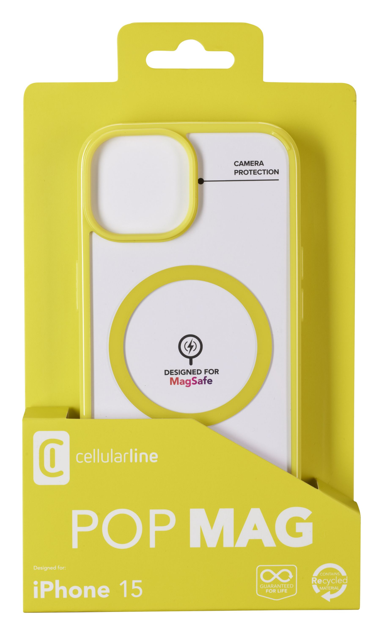 Zadní kryt Cellularline Pop Mag s podporou Magsafe pro Apple iPhone 15, čirý / limetkový
