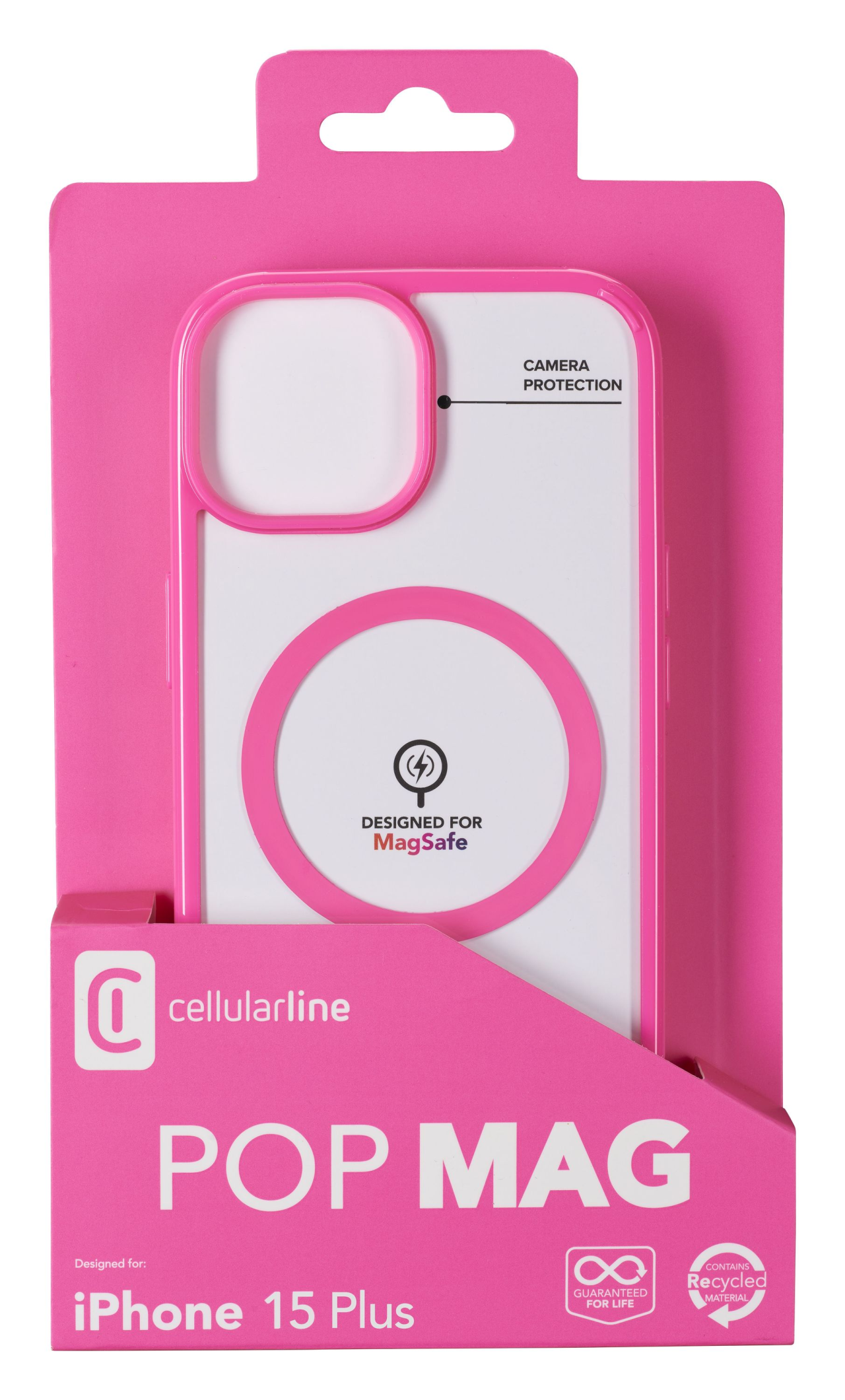 Zadní kryt Cellularline Pop Mag s podporou Magsafe pro Apple iPhone 15 Plus, čirý / růžový