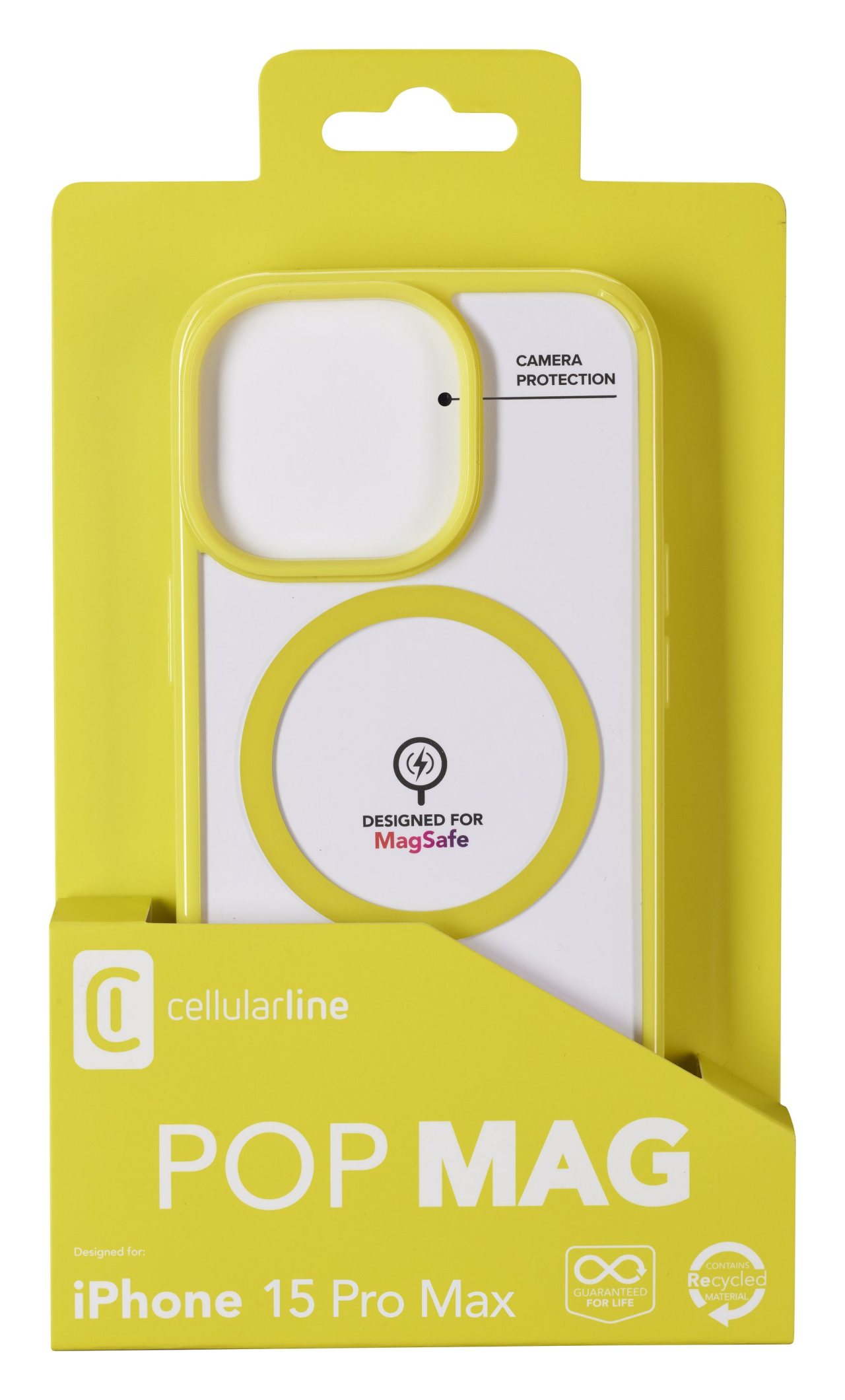 Zadní kryt Cellularline Pop Mag s podporou Magsafe pro Apple iPhone 15 Pro Max, čirý / limetkový