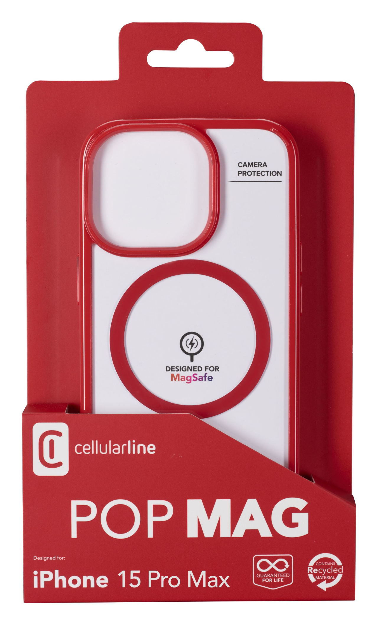 Zadní kryt Cellularline Pop Mag s podporou Magsafe pro Apple iPhone 15 Pro Max, čirý / červený