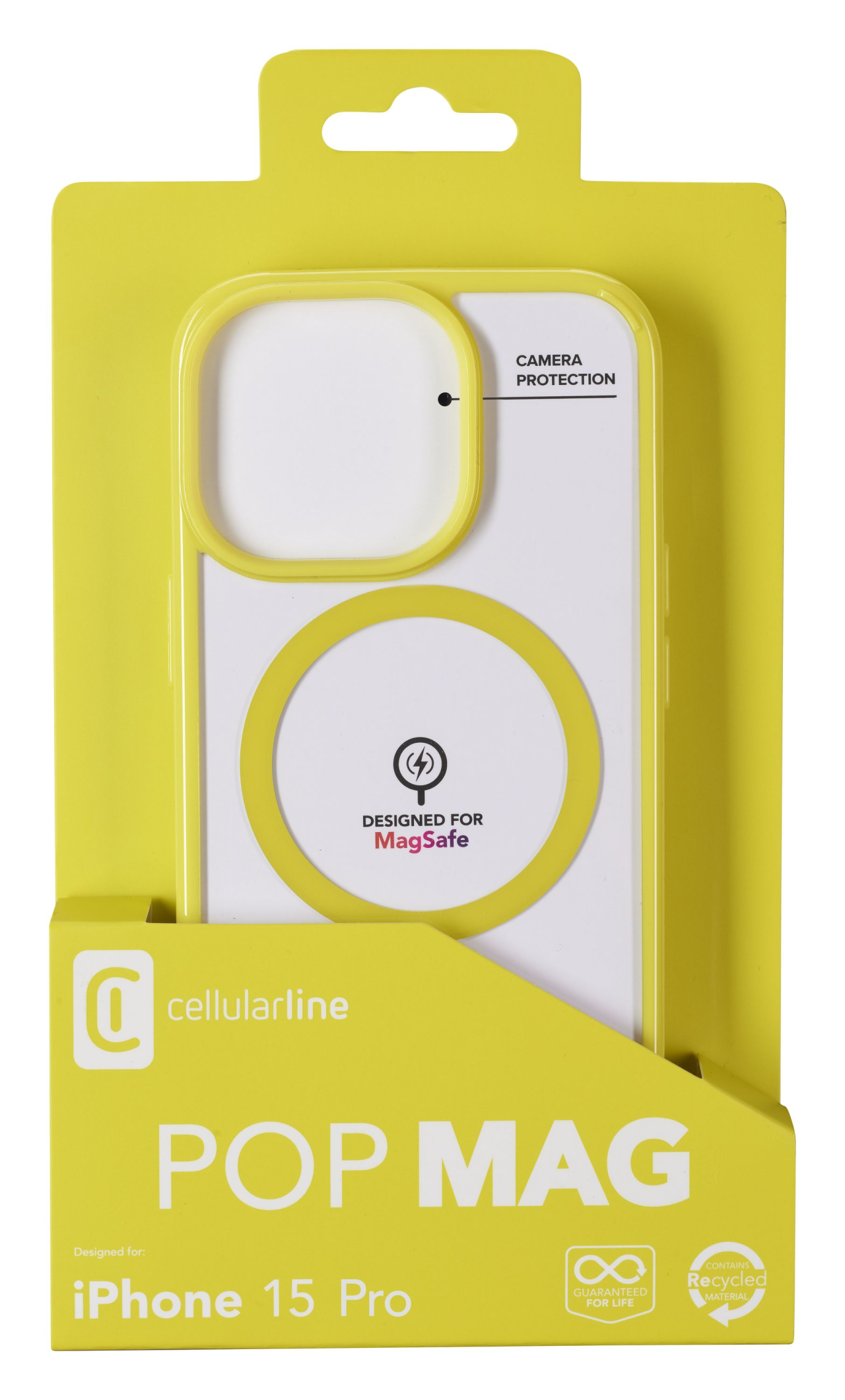 Zadní kryt Cellularline Pop Mag s podporou Magsafe pro Apple iPhone 15 Pro, čirý / limetkový