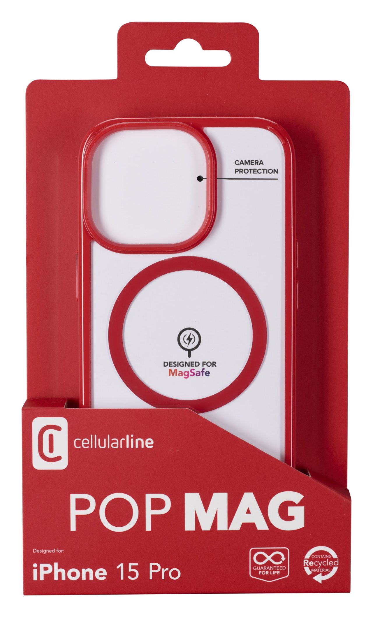 Zadní kryt Cellularline Pop Mag s podporou Magsafe pro Apple iPhone 15 Pro, čirý / červený