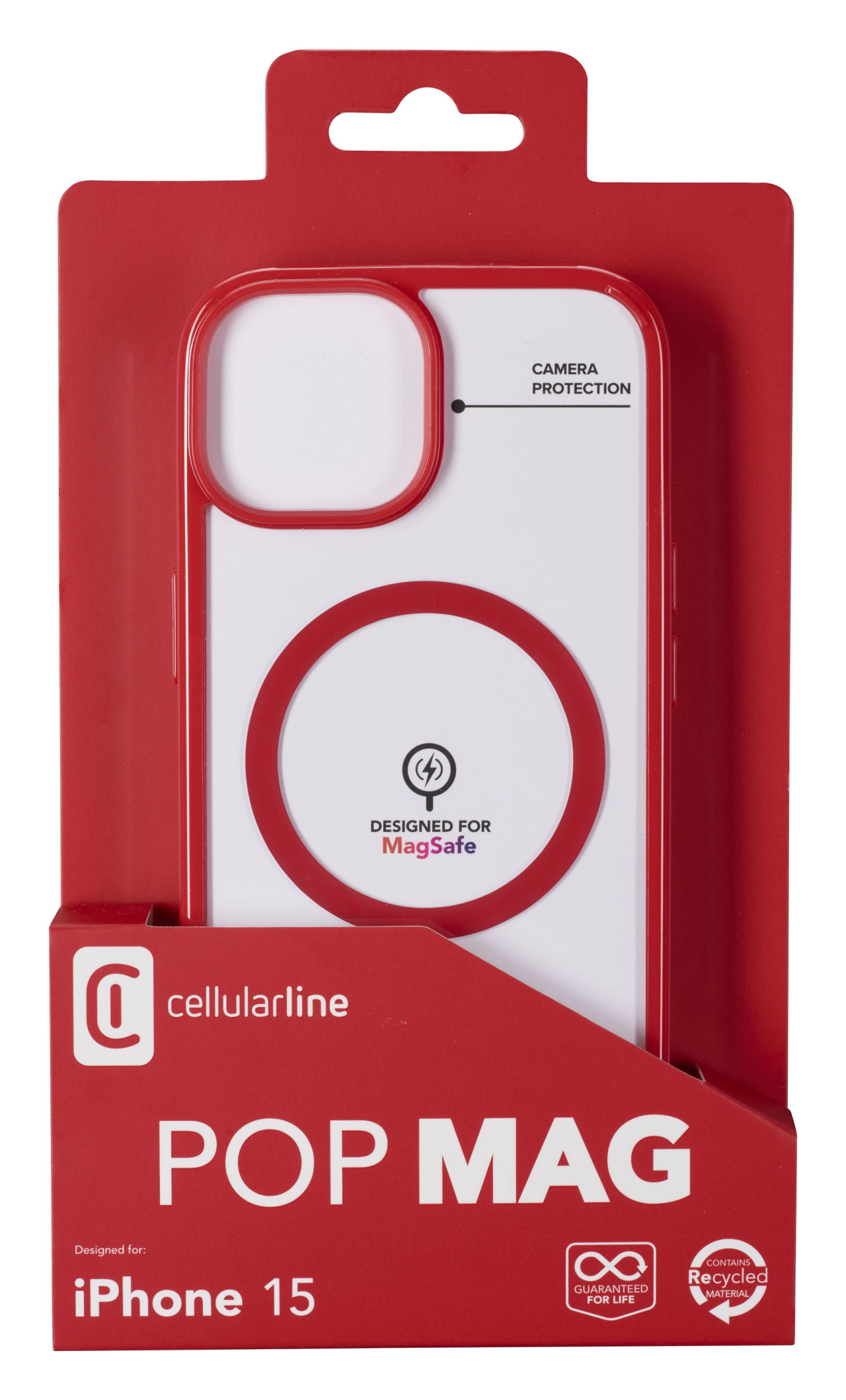 Zadní kryt Cellularline Pop Mag s podporou Magsafe pro Apple iPhone 15, čirý / červený