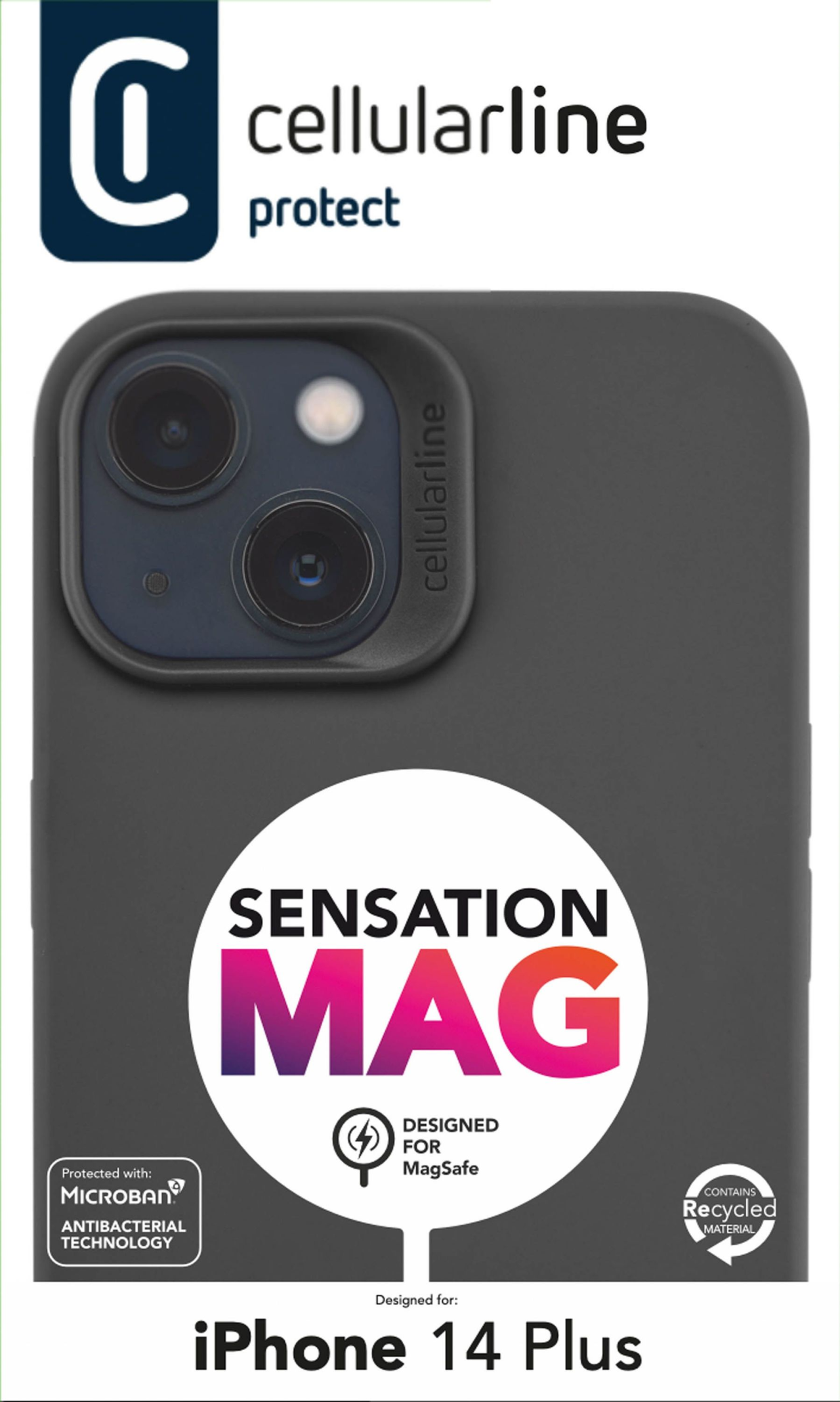 Ochranný silikonový kryt Cellularline Sensation s podporou MagSafe pro Apple iPhone 14 Plus, černý