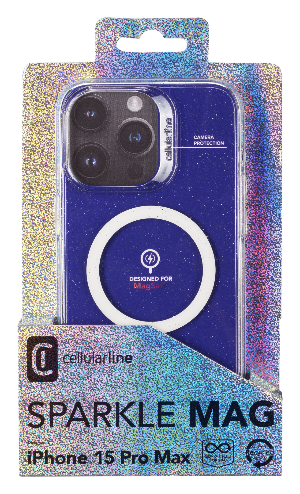 Třpytivý zadní kryt Cellularline Sparkle Mag s podporou Magsafe pro Apple iPhone 15 Pro Max, čirý