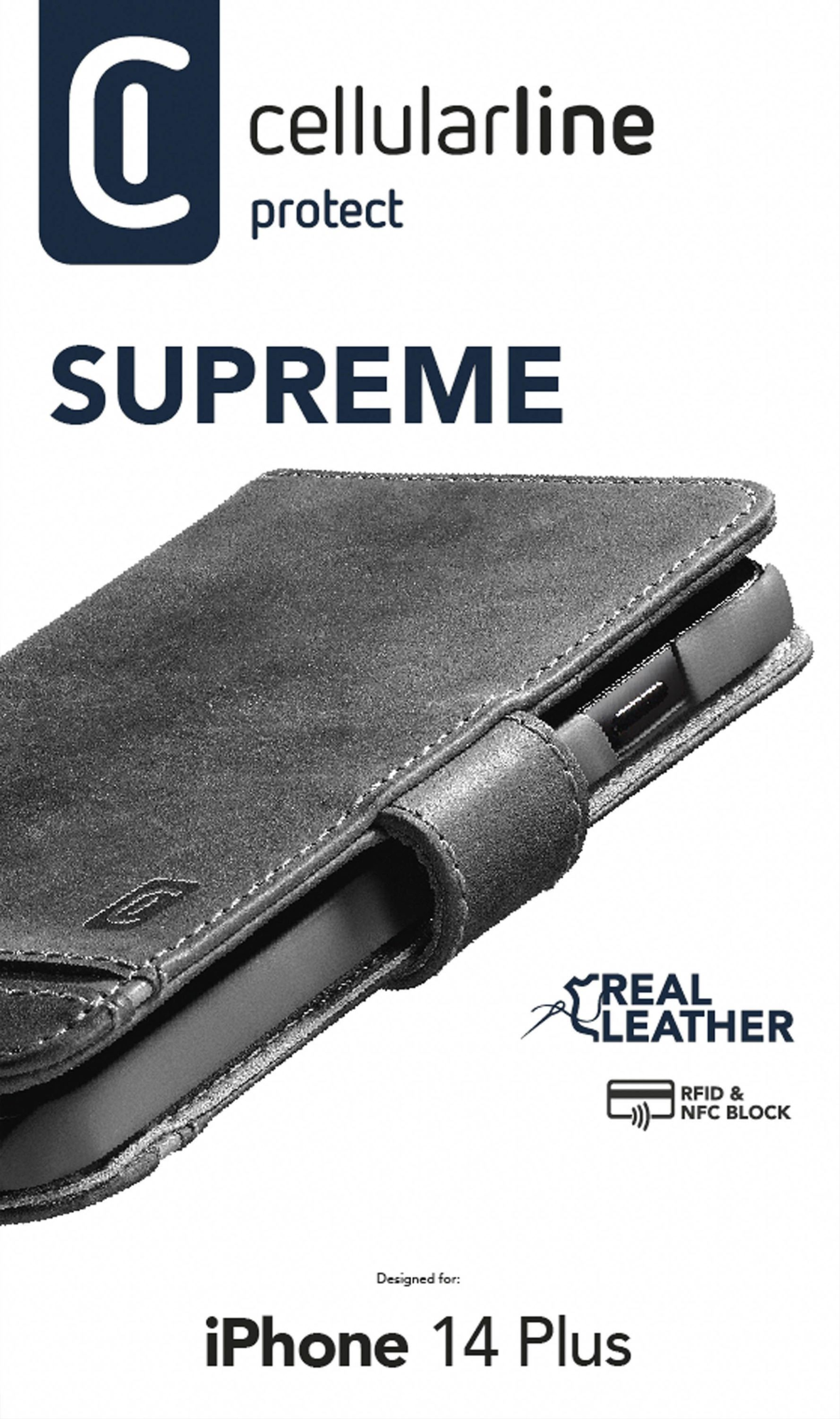 Prémiové kožené pouzdro typu kniha Cellularline Supreme pro Apple iPhone 14 Plus, černé