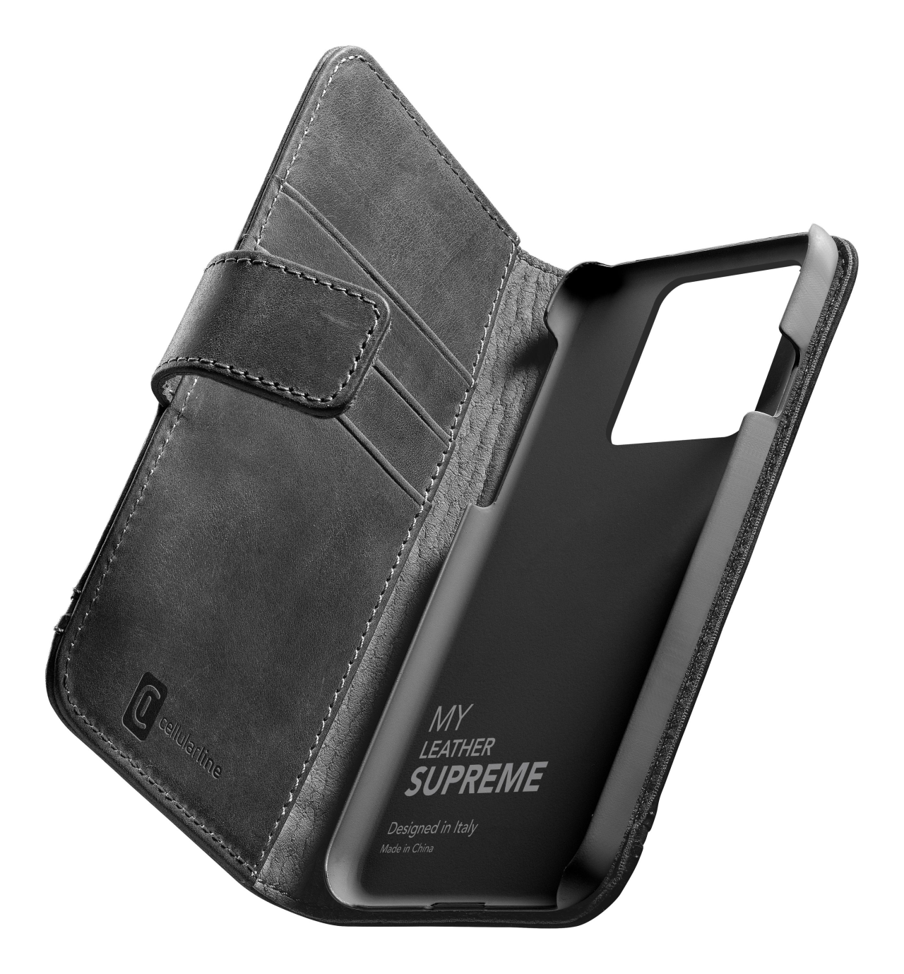 Prémiové kožené pouzdro typu kniha Cellularline Supreme pro Apple iPhone 14 Plus, černé