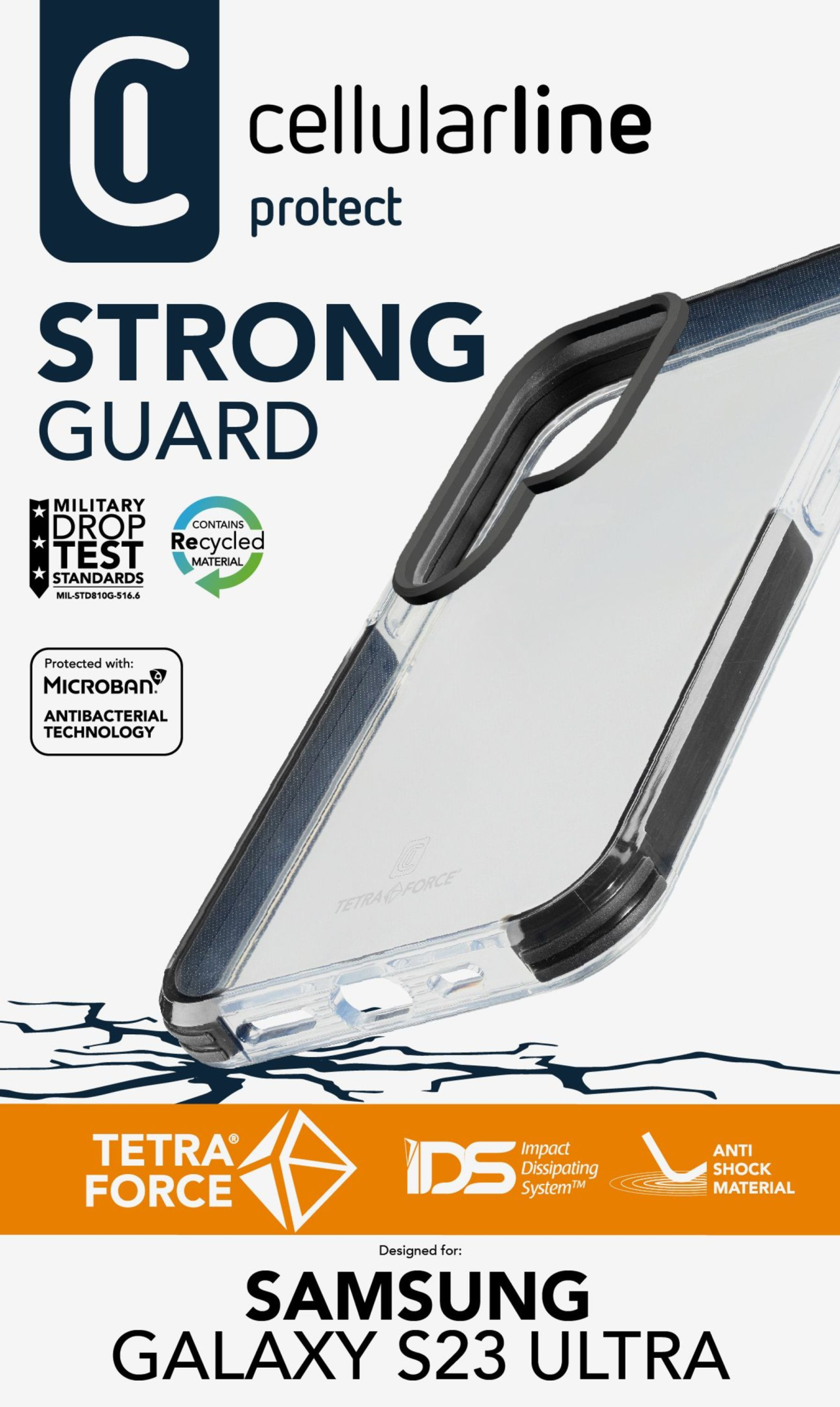 Ultra ochranné pouzdro Cellularline Tetra Force Strong Guard pro Samsung Galaxy S23 Ultra, transparentní