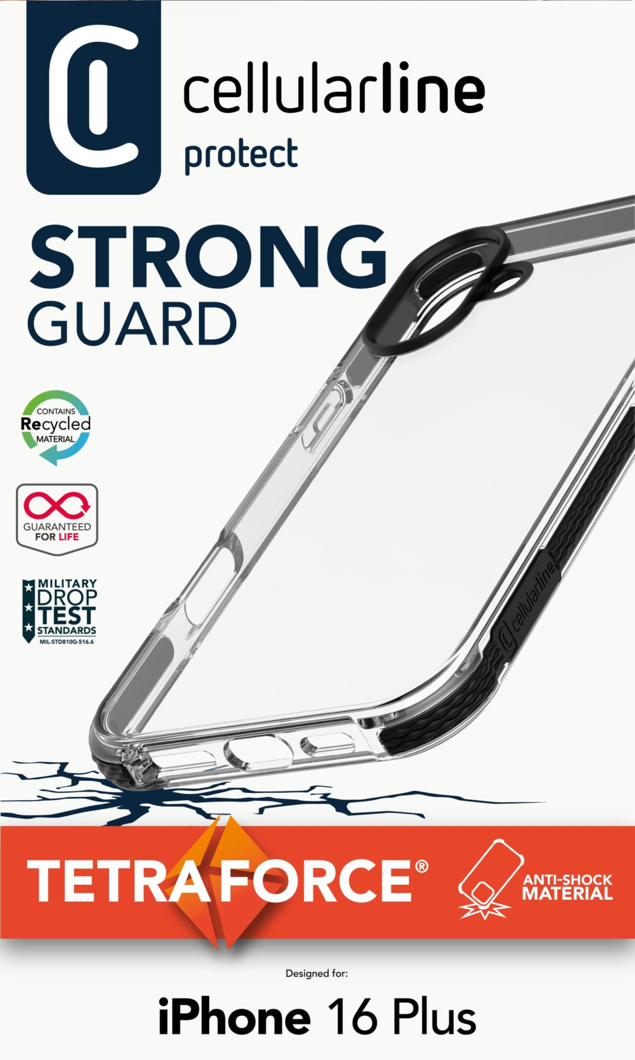 Ultra ochranné pouzdro Cellularline Tetra Force Strong Guard pro Apple iPhone 16 Plus, 2 stupně ochrany, transparentní