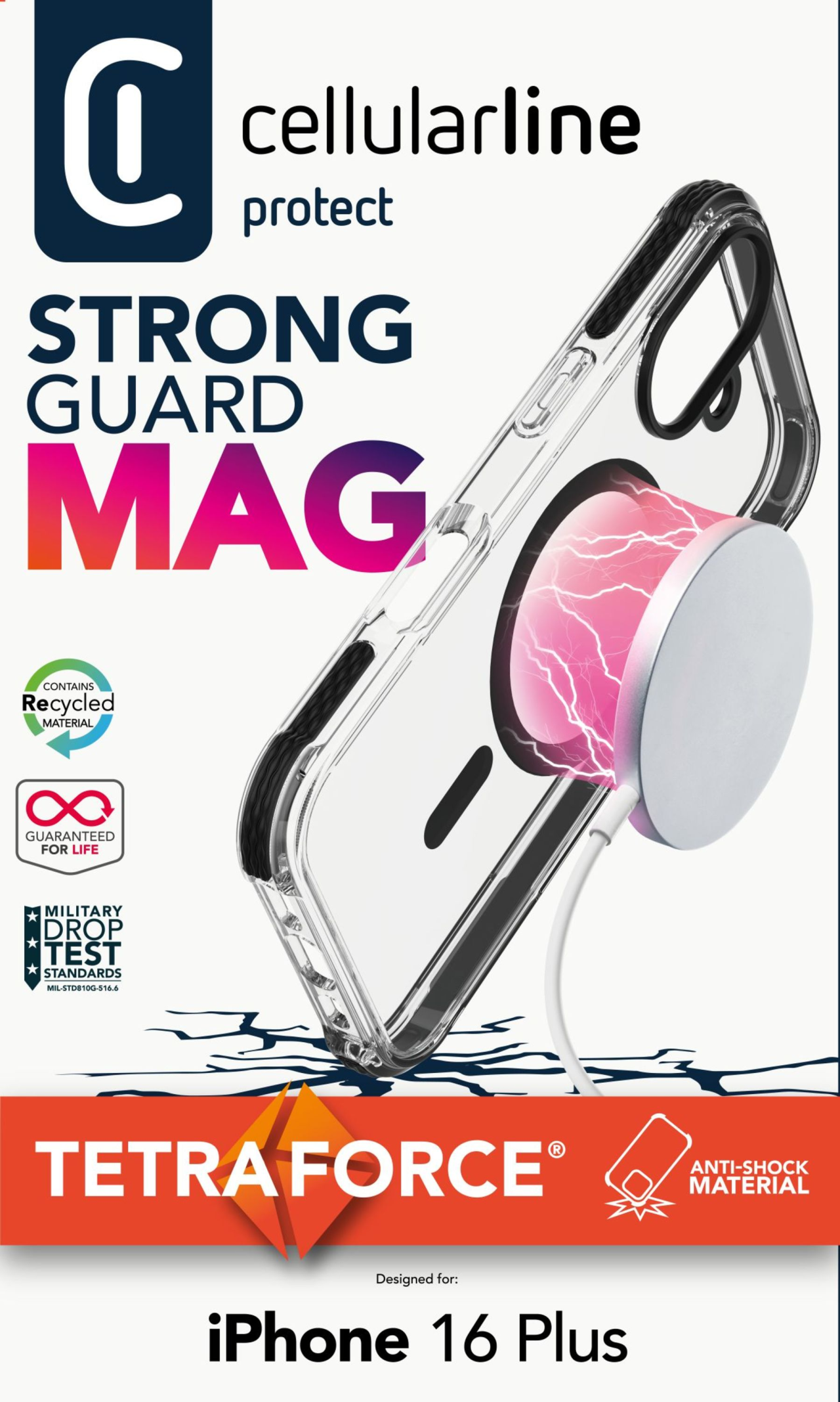 Ochranný kryt Cellularline Tetra Force Strong Guard Mag s podporou Magsafe pro Apple iPhone 16 Plus, transparentní