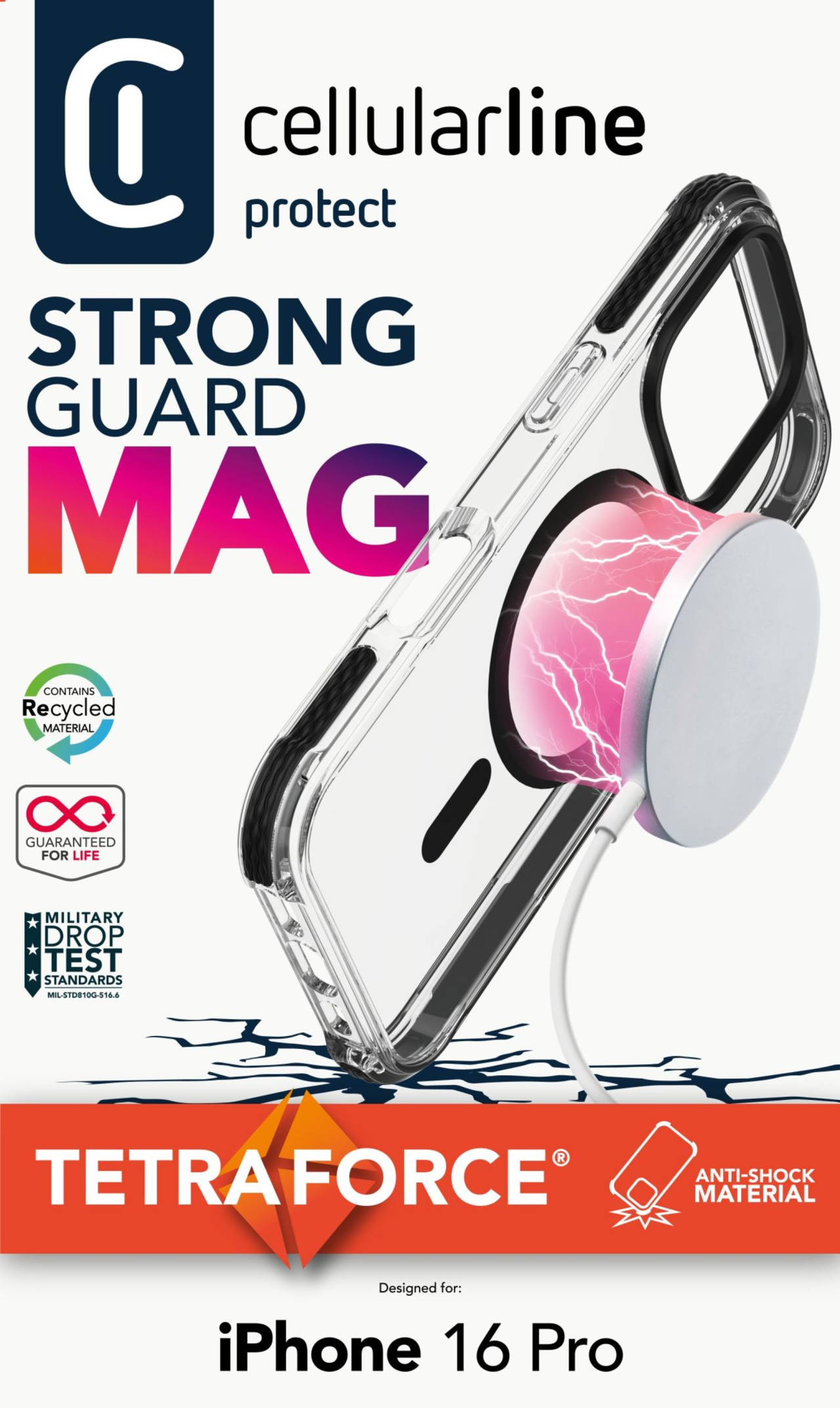 Ochranný kryt Cellularline Tetra Force Strong Guard Mag s podporou Magsafe pro Apple iPhone 16 Pro, transparentní