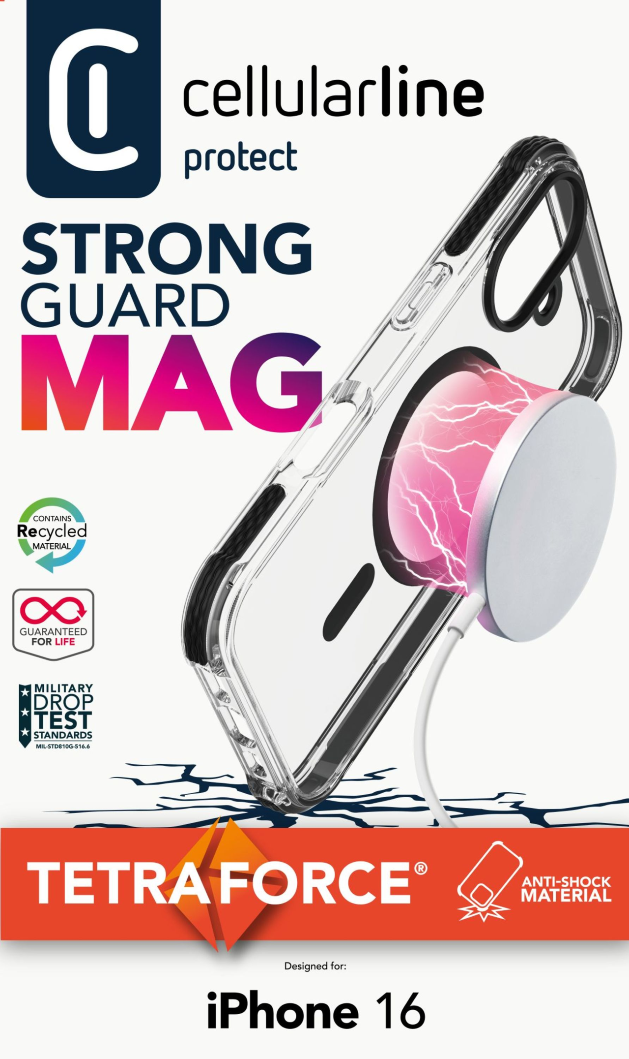 Ochranný kryt Cellularline Tetra Force Strong Guard Mag s podporou Magsafe pro Apple iPhone 16, transparentní